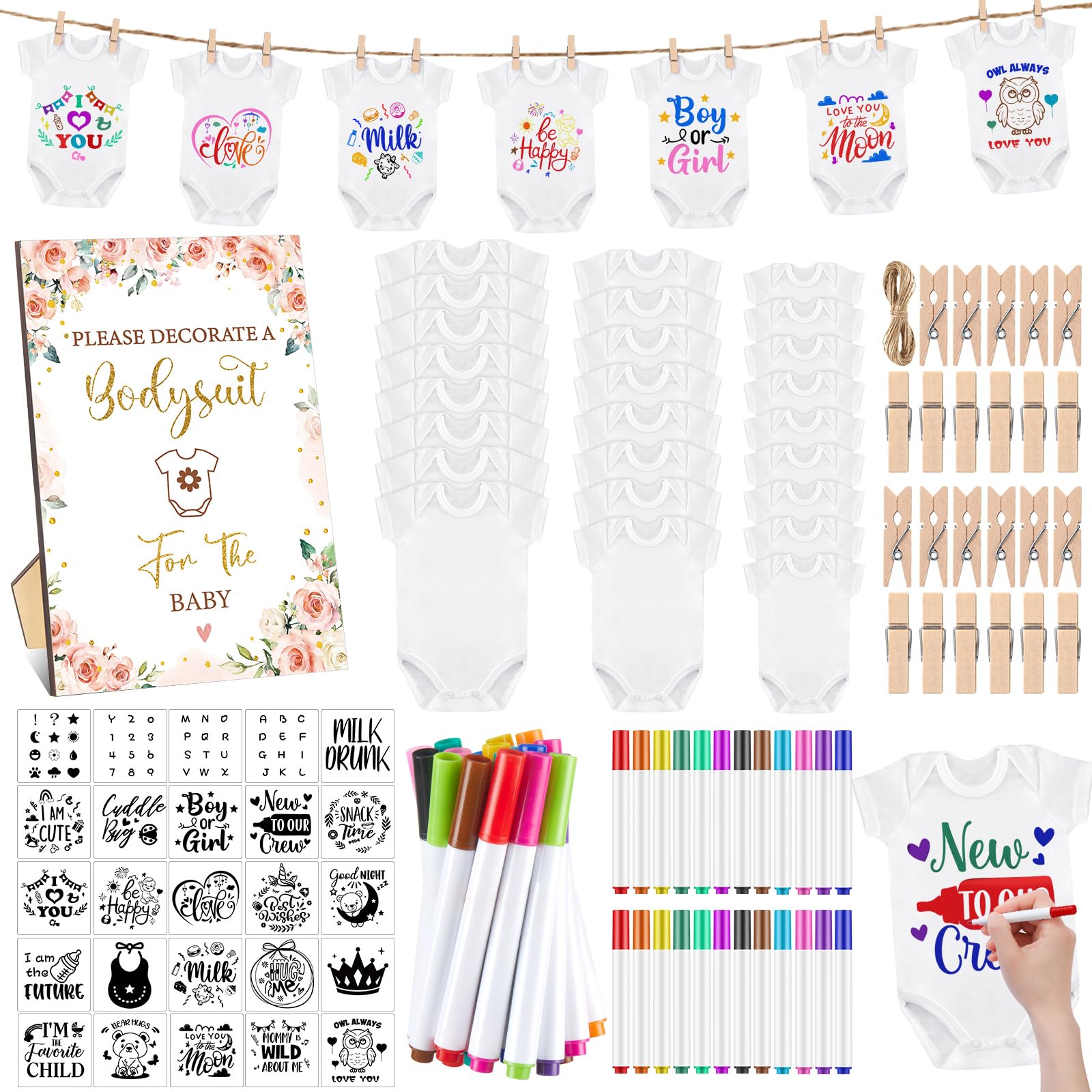 Photo 1 of Panitay 126 Pcs Baby Shower DIY Bodysuit Set Bib 25 Blank White Newborn Bodysuit 25 Stencils 24 Marker 1 Sign 50 Pins(Floral)