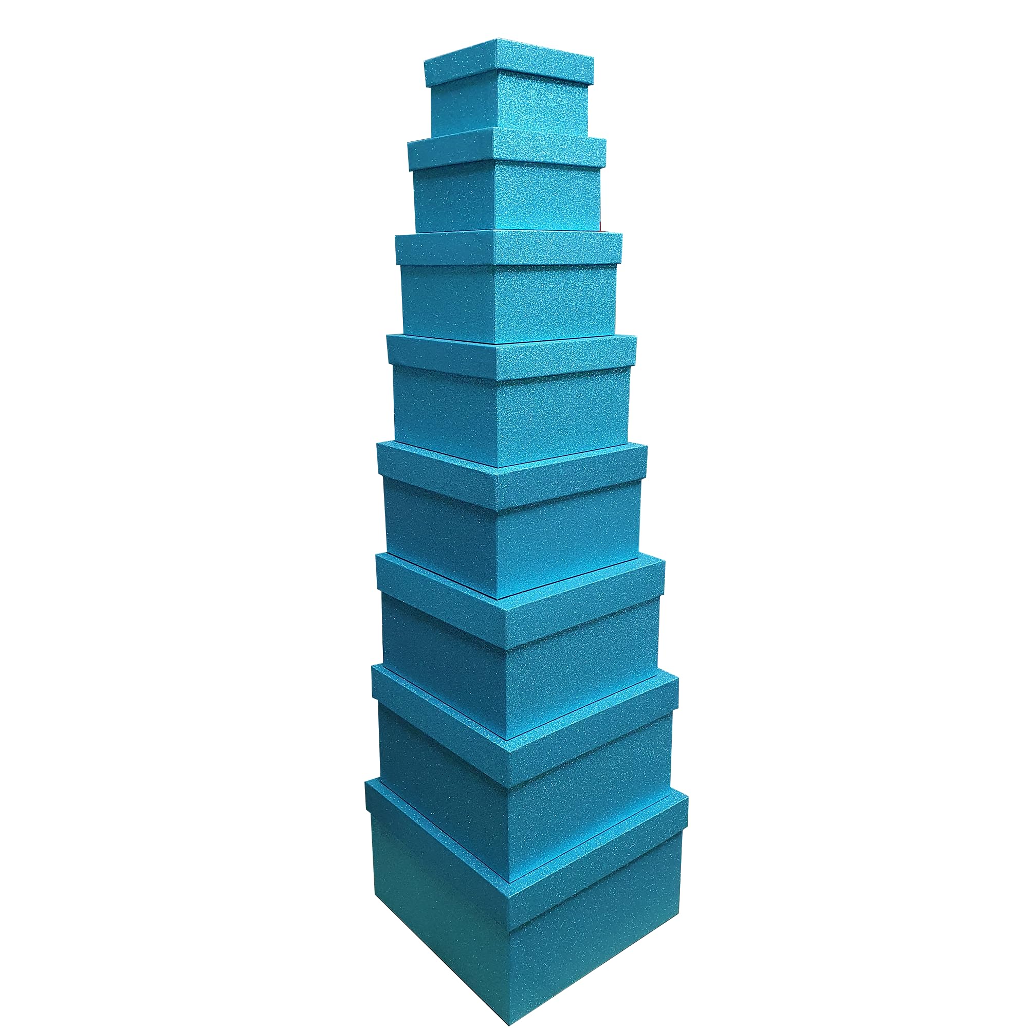 LDPACKAGINGMALL Green, Teal Blue Square Sparkly Gift Boxes, Stackable Storage, Nested Set of 8, 10x10x6cm to 24x24x14.4cm, Glitter Cardboard, for Events, Wedding, Christmas, Birthday (Teal Blue)