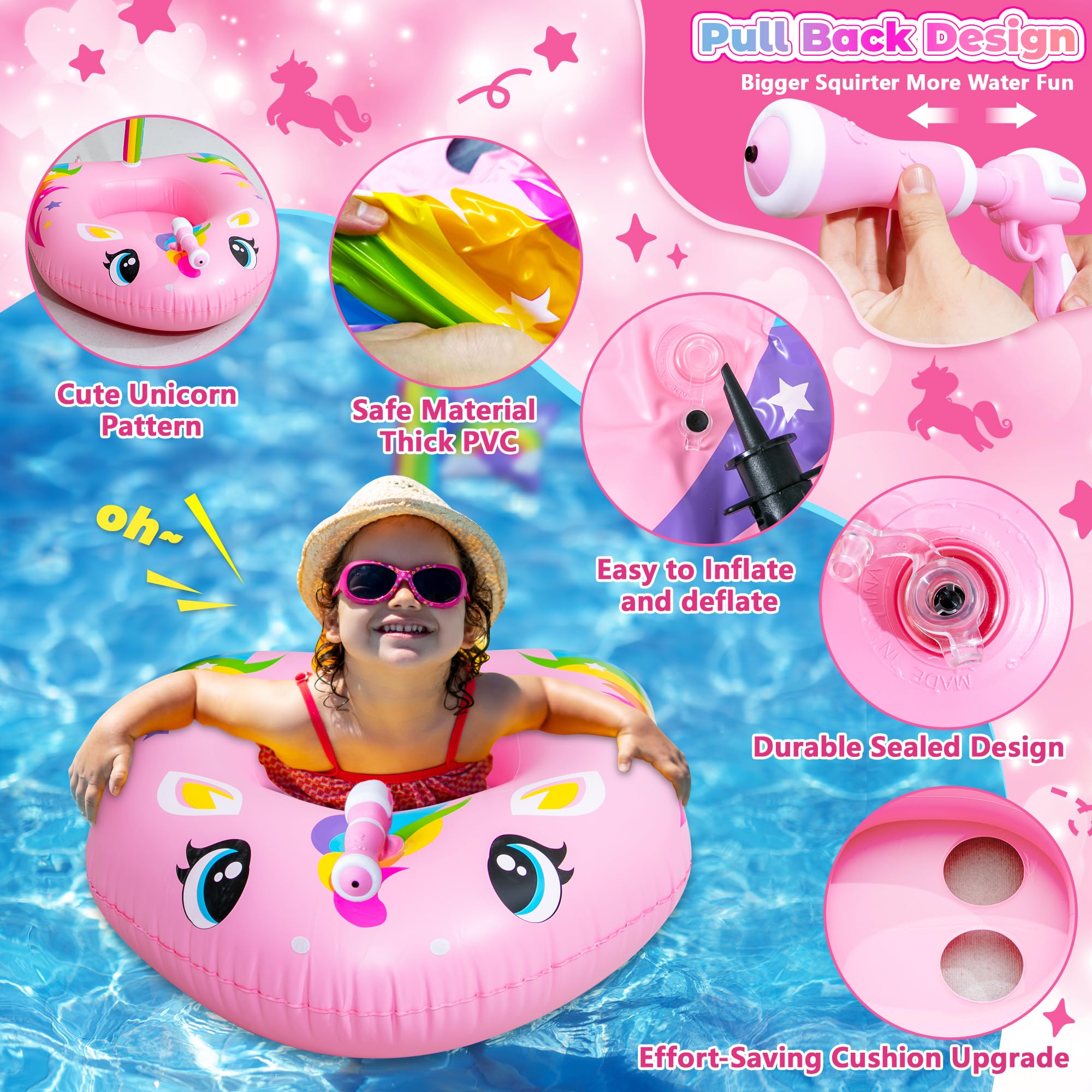 JOY SPOT! Pool Schwimmring Baby, Aufblasbares Schwimmreifen mit Wasserpistole für Kinder, Pool Spielzeug für den Sommer,Wasserschlacht Spiel für Kleinkind Mädchen 3-8 Jahre,Strand Party,Sommerspaß