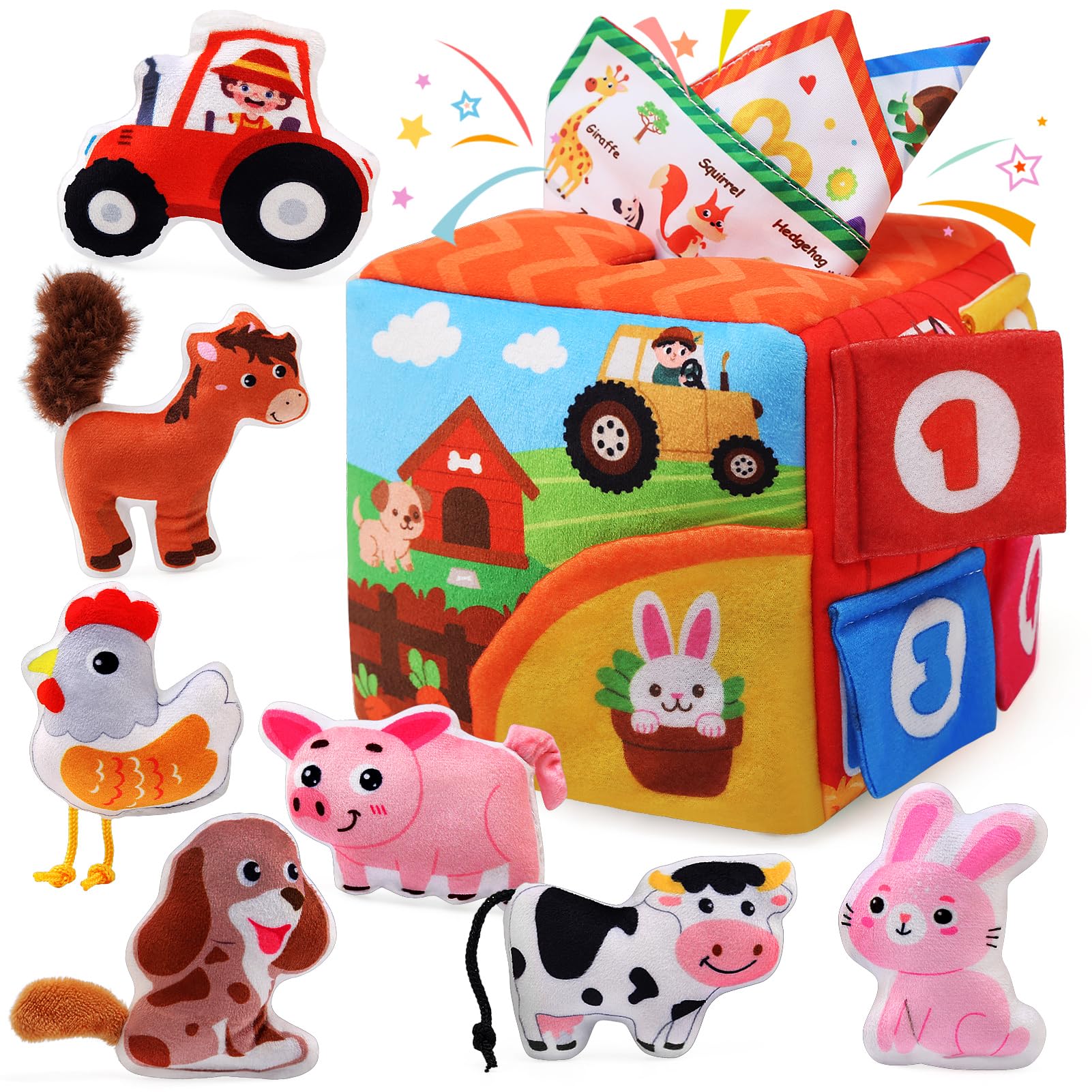 Ballery Baby Montessori Toys 6-12 Months, Surprise Tissue Box Farm Animals Sensory Toy for 1-3 Year Old Boys Girls Toddler with Rattle, Crinkle Paper, Mirror Interactive Infant Toy for Girls & Boys