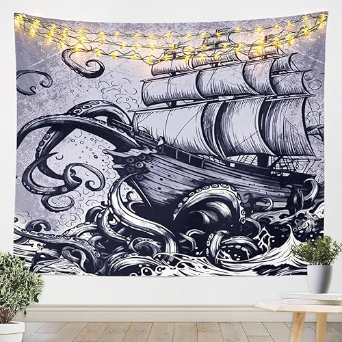 jejeloiu Tapiz náutico pequeño de 51 x 59 pulgadas, manta de pared de pulpo para niños, diseño de barco Kraken del océano, para colgar en la pared,