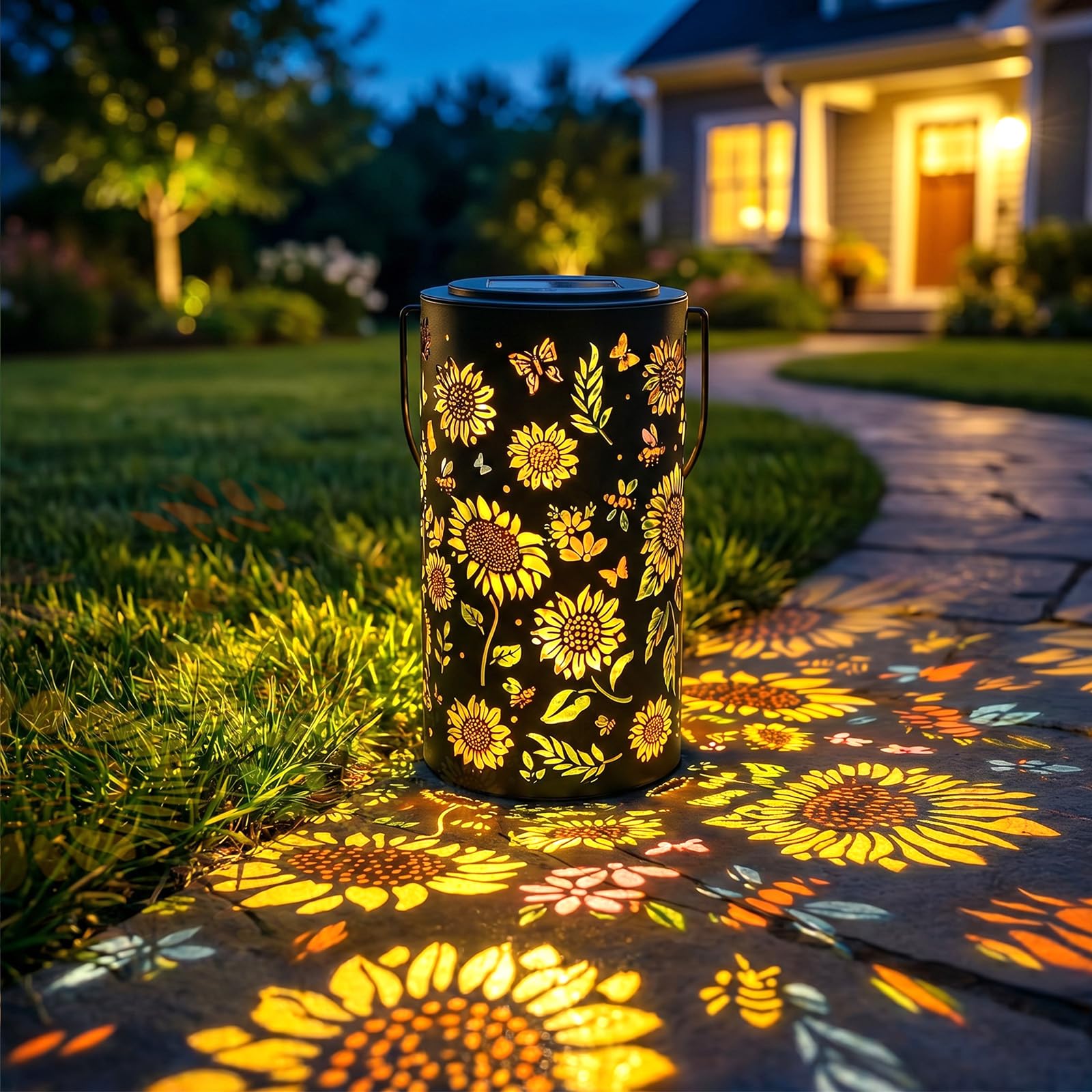 Joyoldelf Sunflower Solar Lantern, Hanging Colourful LED Garden Lights, Waterproof Outdoor Lantern with Sunflower Pattern, Decorative Solar Lights for Patio Yard, Gifts for Mum Garden Lovers