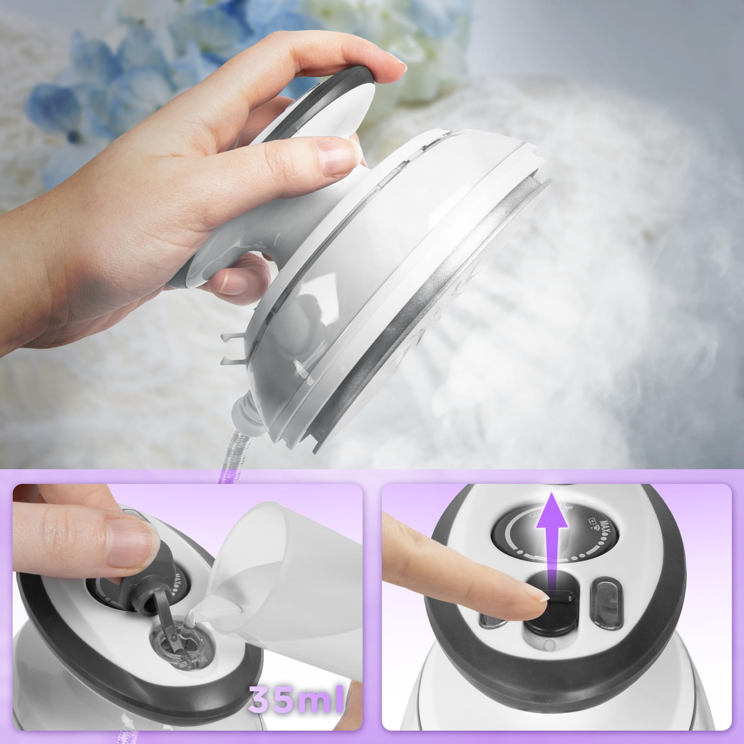 Duronic SI3 WE Mini Ferro da Stiro, Ferro da viaggio a vapore 400W, Serbatoio 35ml, Steamer portatile con base d’appoggio e borsello da viaggio, Per lavori di cucito, quilting, Bianco