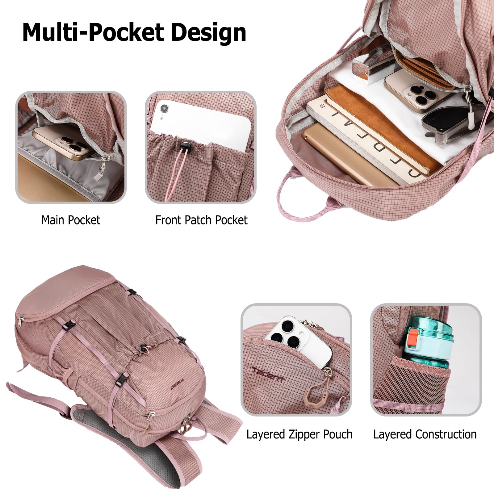 Zaino Pieghevole Zaino 20 L Leggero Impermeabile Zaini Hiking Backpack per Donna Uomo Campeggio Trekking Colore Caramello