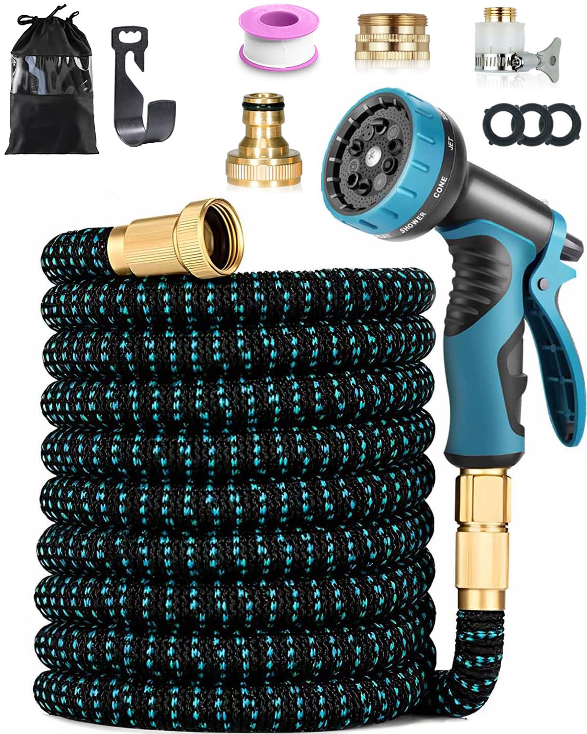Expandable Garden Hose Pipe 150FT(45M), Leakproof Expanding Hose, 4-Layer Latex Core, 10 Spray Patterns, 1/2'' & 3/4'' Connector, Flexible for Garden Watering, Car Washing & Pet Cleaning, Blue & Black