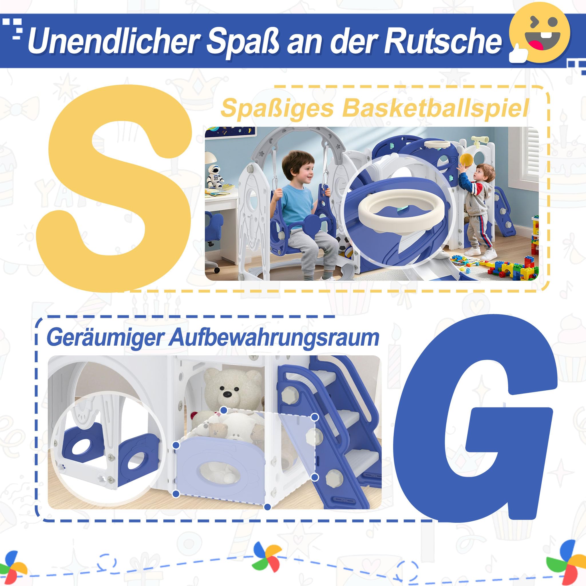 Froadp Scivolo 9 in 1 per bambini a partire da 1 anno, per interni ed esterni, in HDPE e PP, con altalena, scaletta da arrampicata, tunnel, spazio di archiviazione, cestino da basket e telescopio da