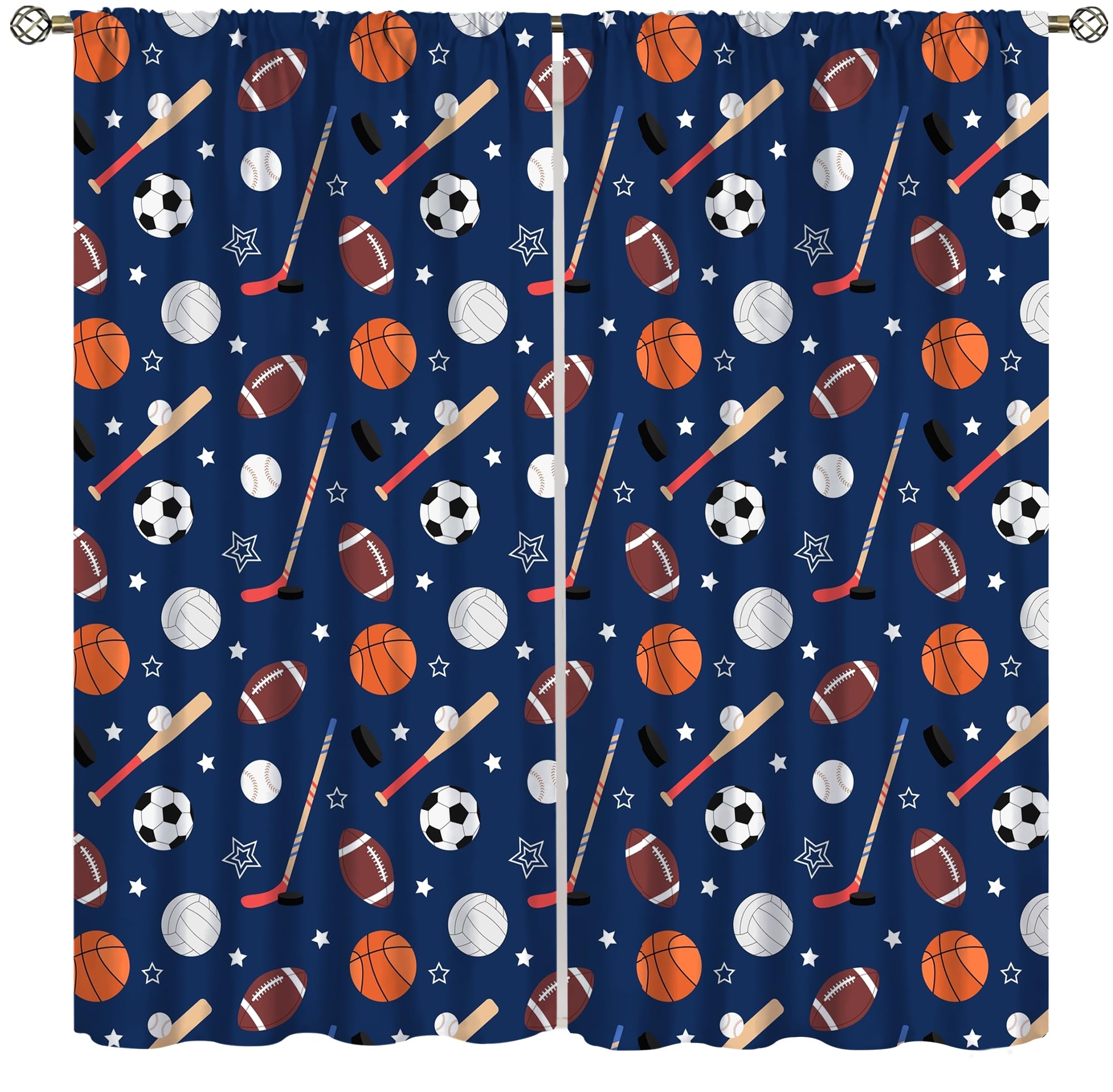 ShiTingYu Kids Sports Curtains, Cartoon Basketball Soccer Baseball Hockey Golf Ball Rugby Theme Teenage Kids Boys Window Treatments for Bedroom
