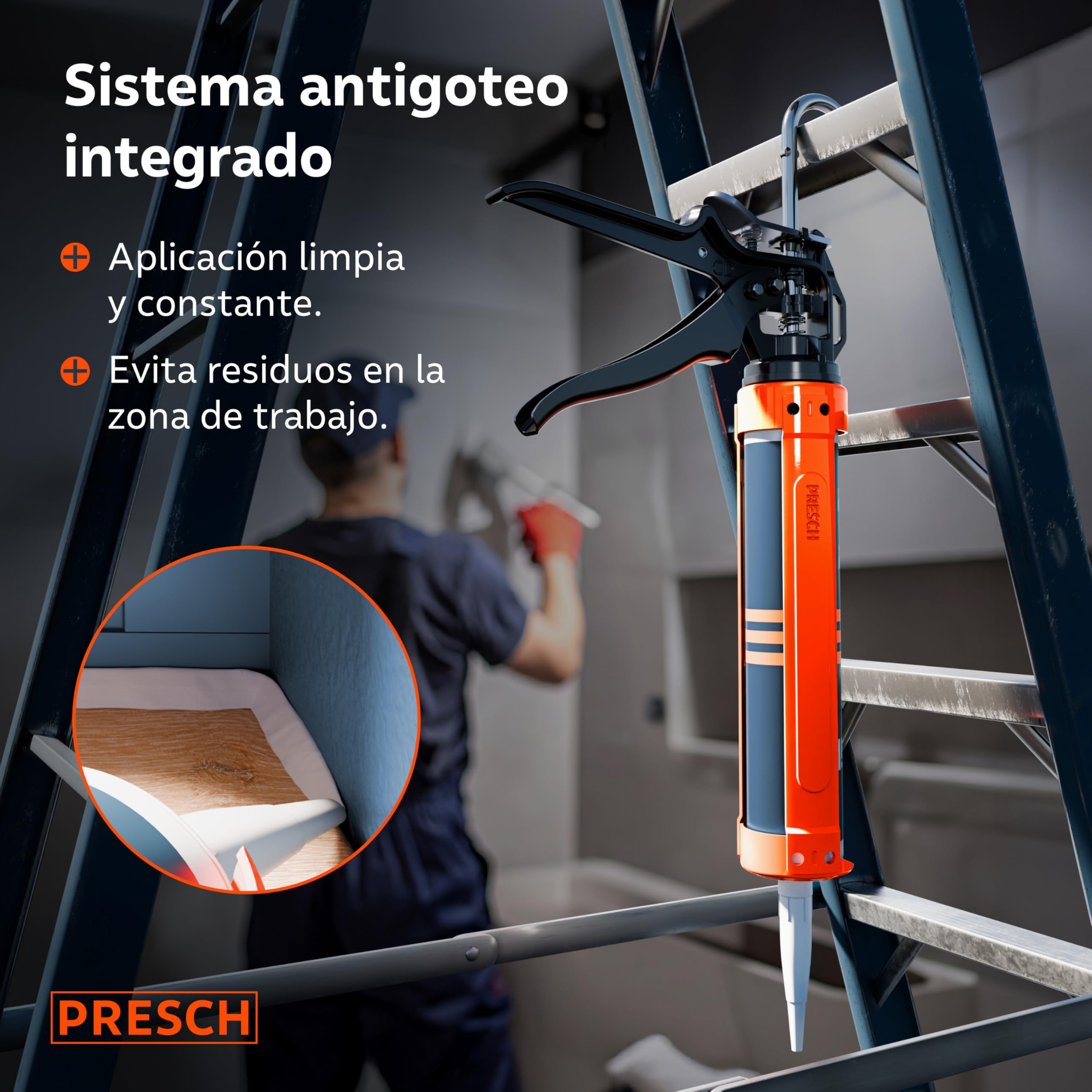 Presch Juego Pistola Silicona 26:1 & 12:1 con antigoteo – Para cartuchos hasta 310 ml (acrílico, silicona, adhesivo alta adhesión) – Cartuchera pistola giratorio 360° incl. aguja de perforación