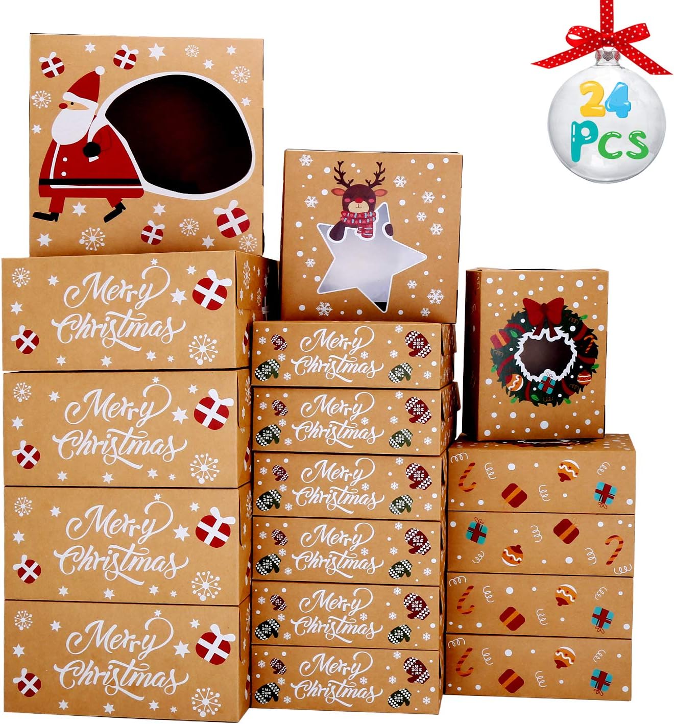 VEYLIN 24 Pack Christmas Cookie Pastry Box Assorted Sizes, 10" 8" Large Holiday Bakery Food Boxes with Window for Gift Gifing Goody Cookie Cupcake Treat