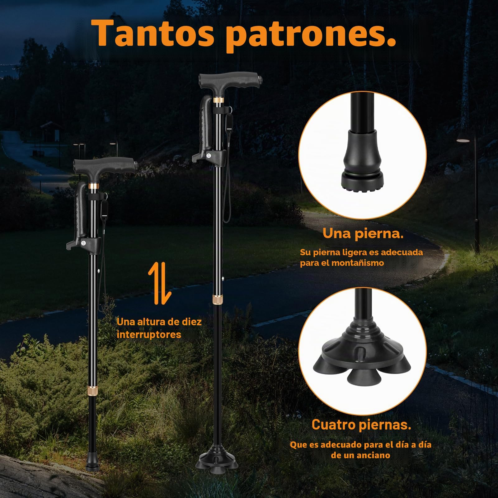 Bastón ajustable con doble asa, para hombres y mujeres mayores, con cuatro patas giratorias y base individual con tabla antiperdedores