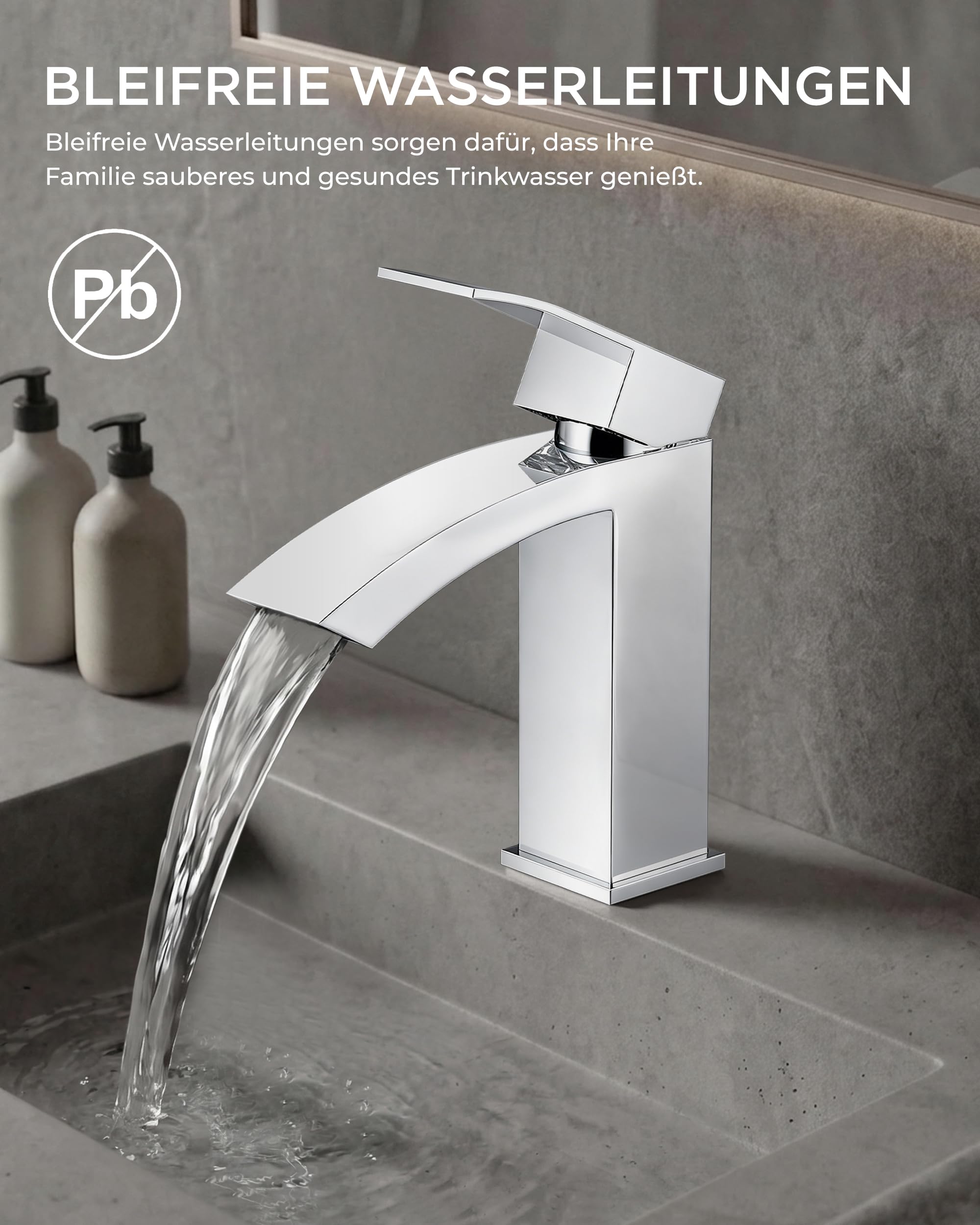 FORIOUS Wasserhahn Bad mit Ablaufgarnitur, Wasserfall Waschtischarmatur mit Auslauf Höhe 100 mm, Mischbatterie Armatur Badezimmer, Gitterauslauf, Energiesparend & Wassersparend, Chrom