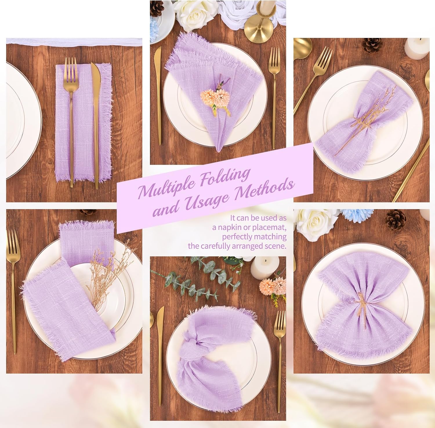 30 Pack Lavender Cloth Napkins Cotton Linen Napkins with Fringe 16 x 16 Inch Soft Handmade Napkins Cloths Delicate Washable Rustic Dinner Napkin Cloths for Wedding Party Dinner Table Decor