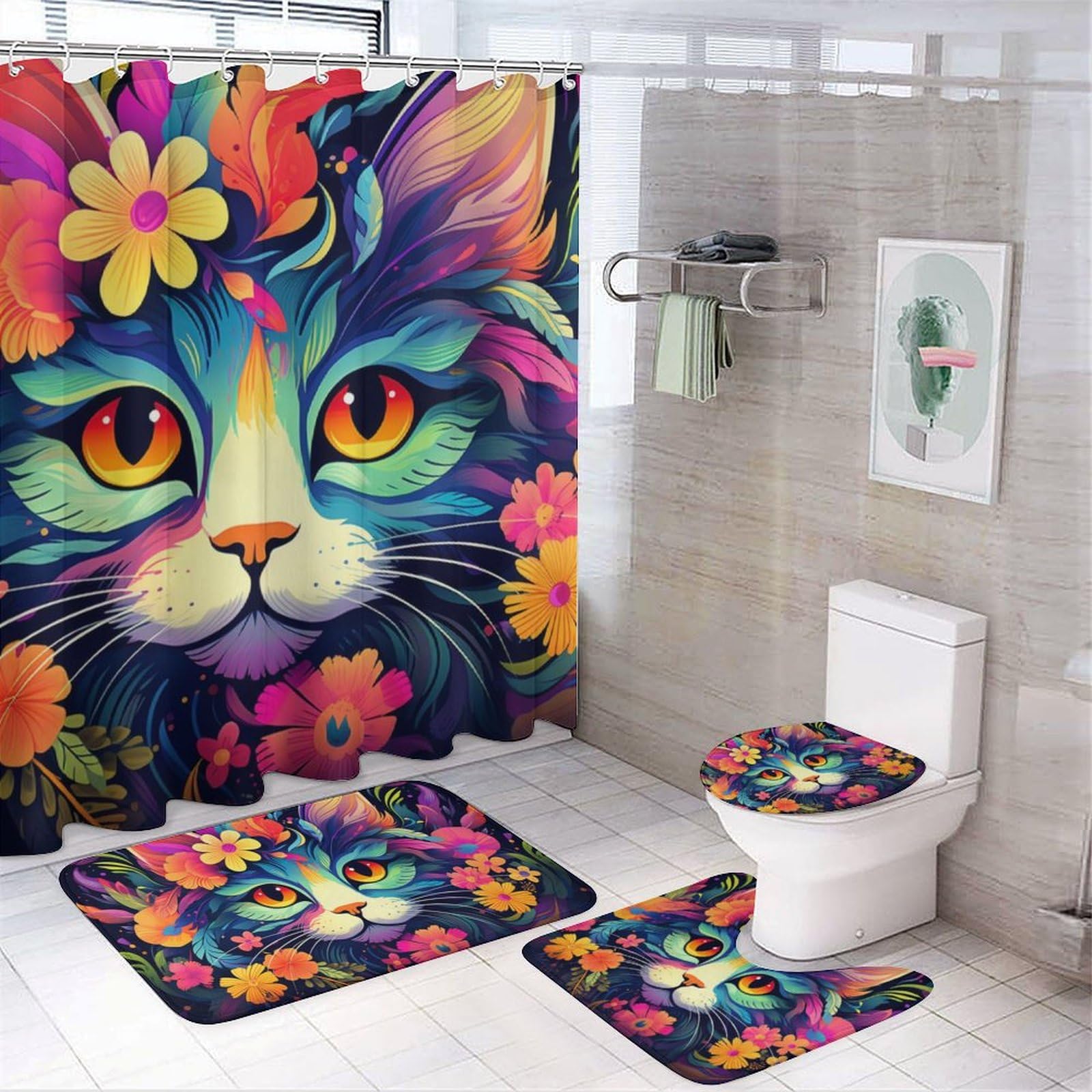 Duschvorhang-Set Mit Lotus-Teich-Kätzchen, Vintage-Stil, Abstrakte Katze,  Aquarell, Tier, Badezimmer-Dekor-Set Mit Teppichen, Badezimmer-Zubehör-Set,  Badezimmer-Vorhang, Dusch-Set Mit 12 Haken, image size:1600x1600