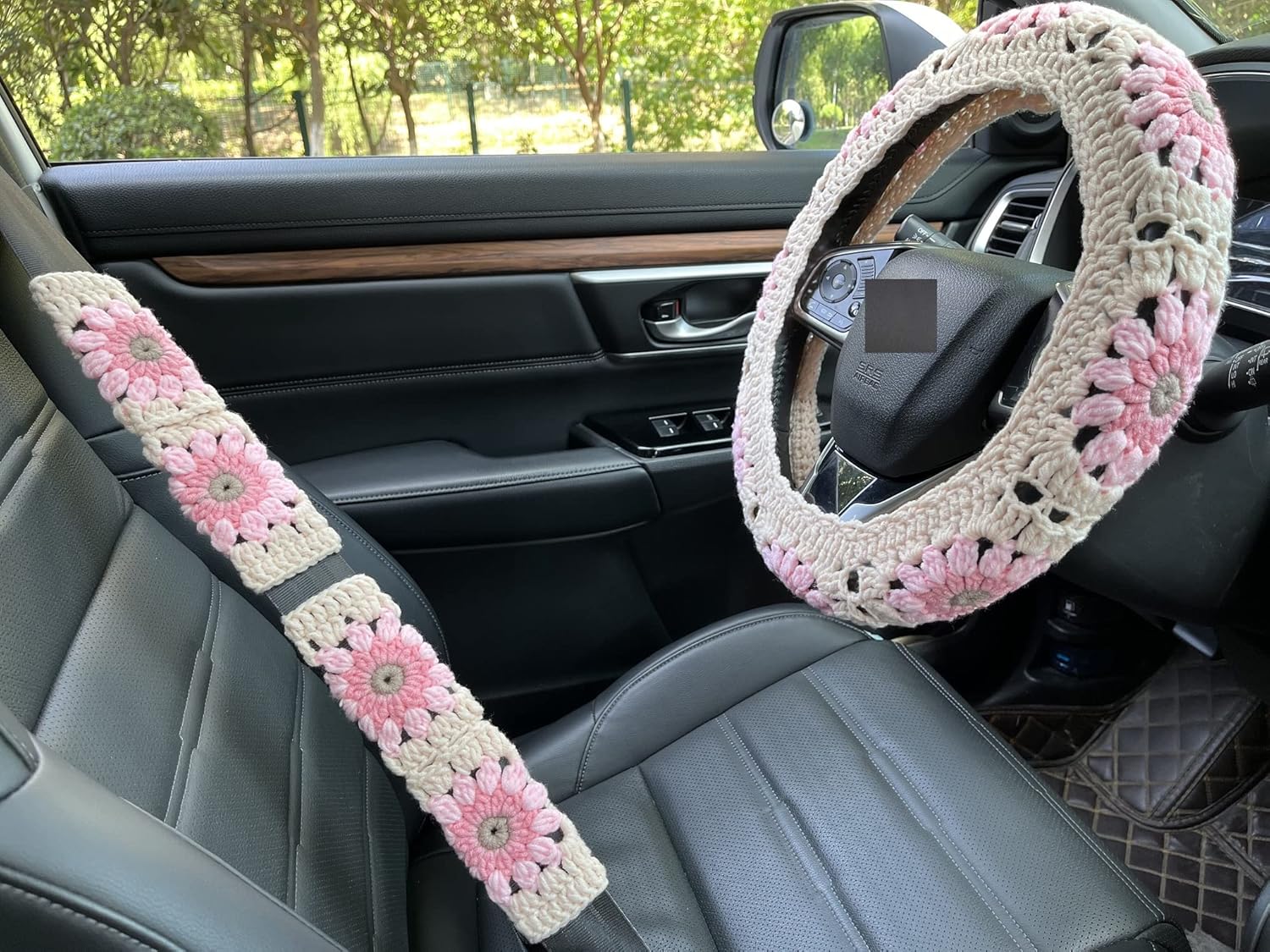 Crochet Sunflower Car Steering Wheel Covers Light Pink Universal 14-15 inch for Women/Men (Steering Wheel Cover+2 Belt Cover)