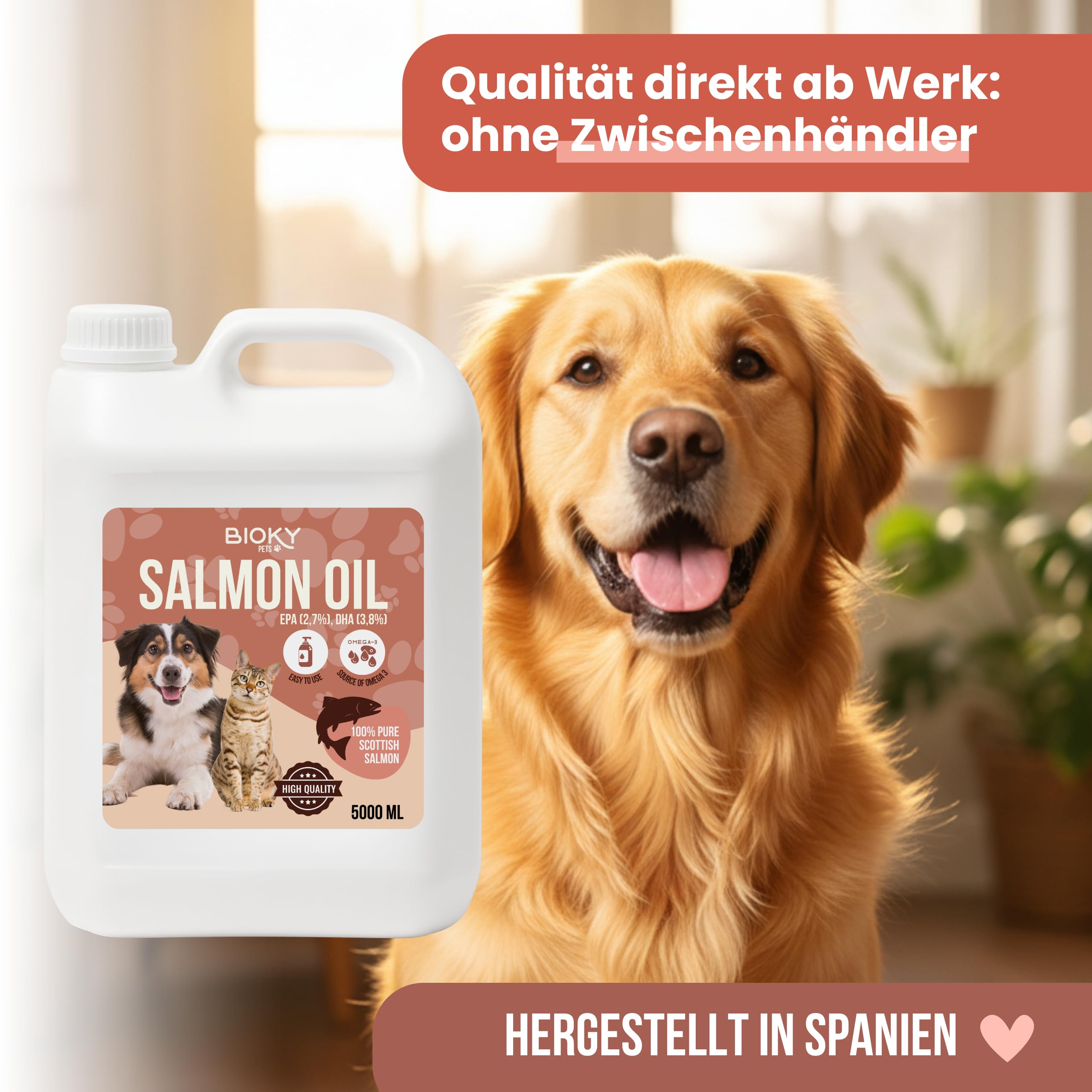 Lachsöl: Hunde und Katzen, 5 l, Quelle von Omega 3 und 6, EPA und DHA, hochwertiges Nahrungsergänzungsmittel mit Fettsäuren und Vitamin E – Herkunft Schottland