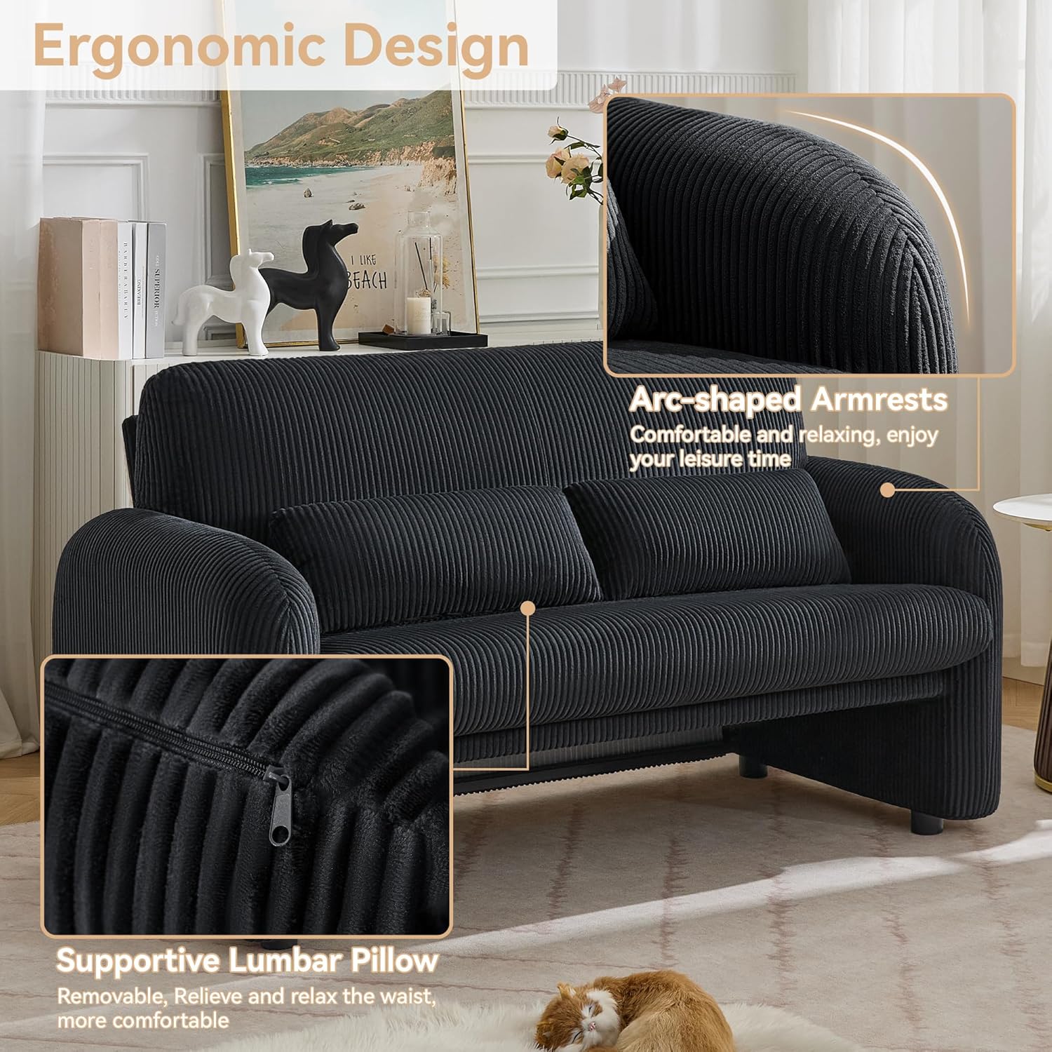 WUTUTUEE 56'' Corduroy Loveseat Sofa, 2 Seater Love Seat Couch for Small Space, Comfy Upholstered Modern Leisure Loveseat Couches with Lumbar Pillows for Bedroom, Office, Living Room, Black