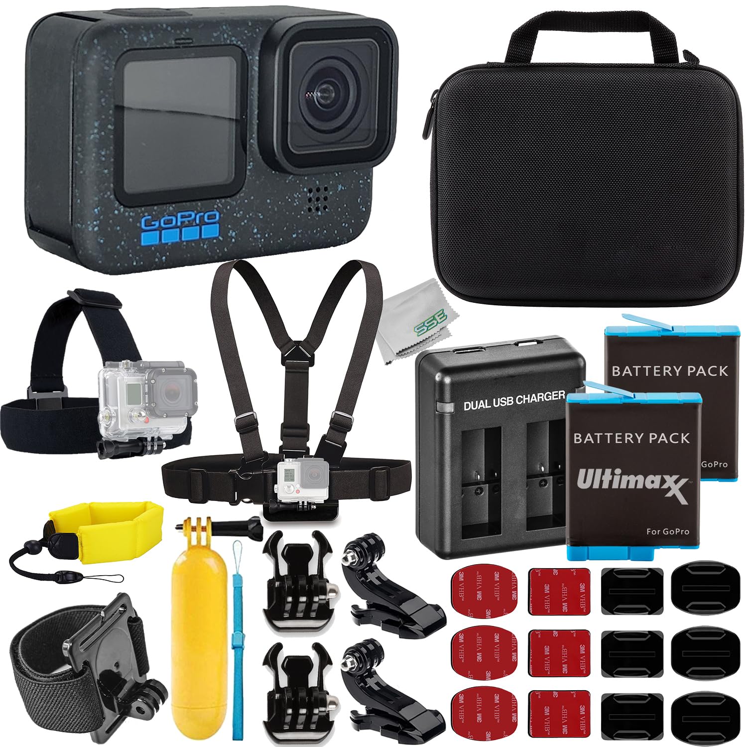 Ultimaxx GoPro Hero 12 Essential Bundle - Includes: 2X Replacement Batteries, Dual USB Charger, Water-Resistant Action Camera Case, Floating “Bobber” Handle, Chest Strap & Much More (25pc Bundle)