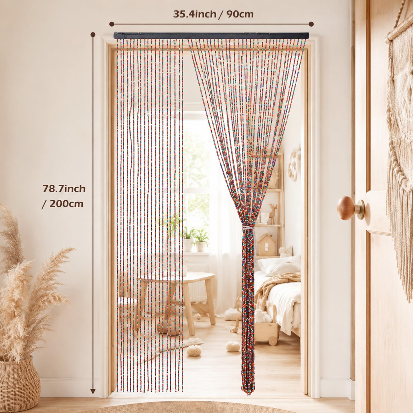 Perlenvorhang, 90x200cm Türvorhang Perlen 52 Stränge Bohemian-Stil Bambusvorhang mit 2 Riemen Perlenvorhang Insektenschutz Zuschneidbarer Holzperlenvorhang Bunt für Fenster Türen Dekoration