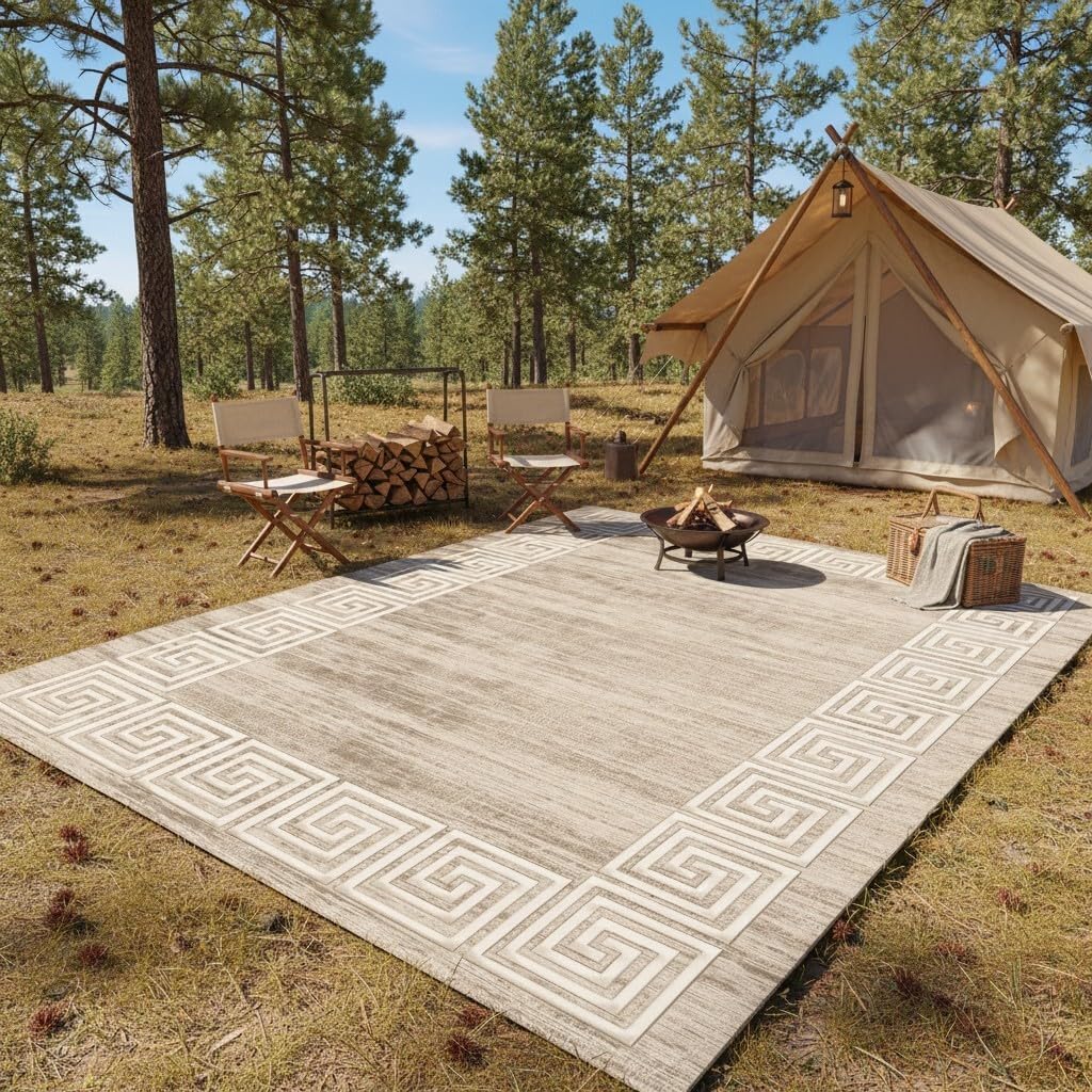 Tan Beige Greek Key Frame Border 2x3 Distressed Rough Thin Waterproof Outdoor Rugs for Patios Balcony Deck Porch Pool Garden Backyard Hallway Non Skid Quick Dry Washable Reversible Carpets