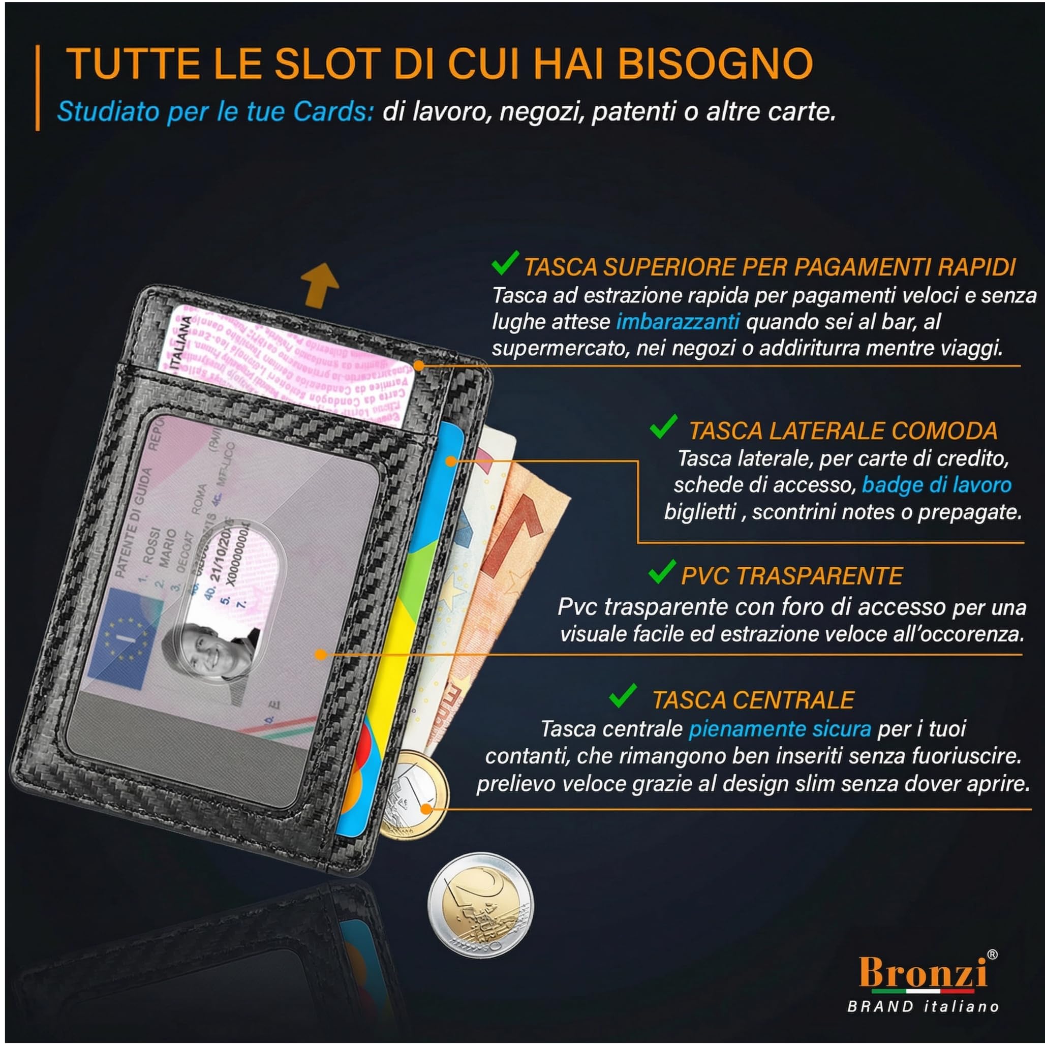 Bronzi® Portafoglio Uomo Slim Piccolo | Portacarte Uomo Donna Portatessere Porta Carte Di Credito | Portafogli Mini Protezione RFID con Portamonete | Box Regalo - Brand Italiano