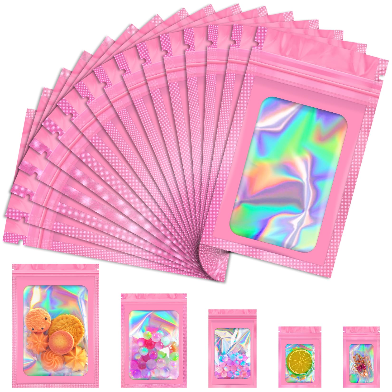 JETMORE 100 PCS Mylar Bags, Pink Holographic Bags, Smell Proof Bags, Resealable Bags for Small Business, Sealable Bags for Packaging, Foil Pouch Bags