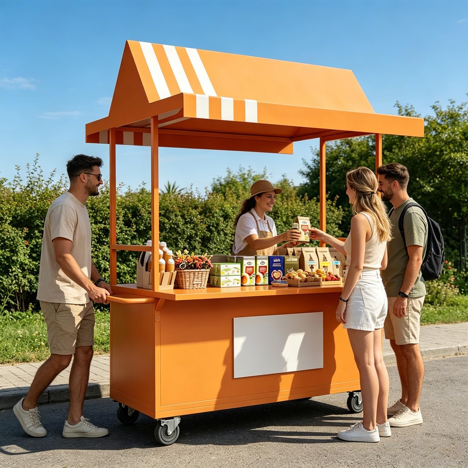 Carrello alimentare con tettoia, stand del mercato, struttura in ferro, ruote bloccabili per street food ed eventi pop-up, perfetto per mercati all'aperto