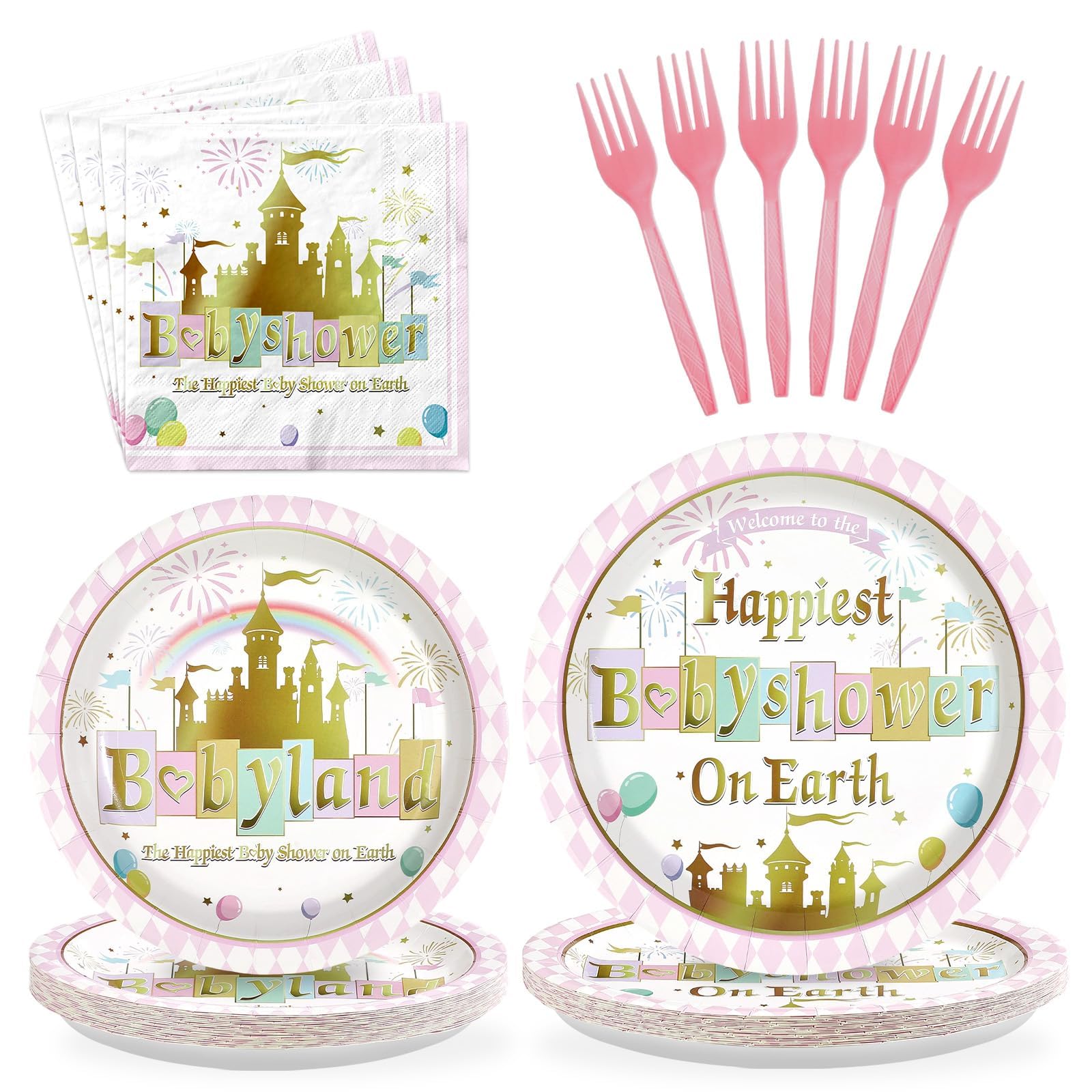 Grencian 96Pcs Princess Castle Baby Shower Party Decorations, Serves 24