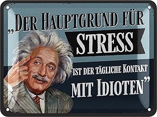 LANOLU Retro Blechschild - Hauptgrund für Stress ist der tägliche Kontakt - Poster aus Metall mit Zitat, lustiges Sprüche Schild, Küchen Deko - vintage Metallschild 15x20cm