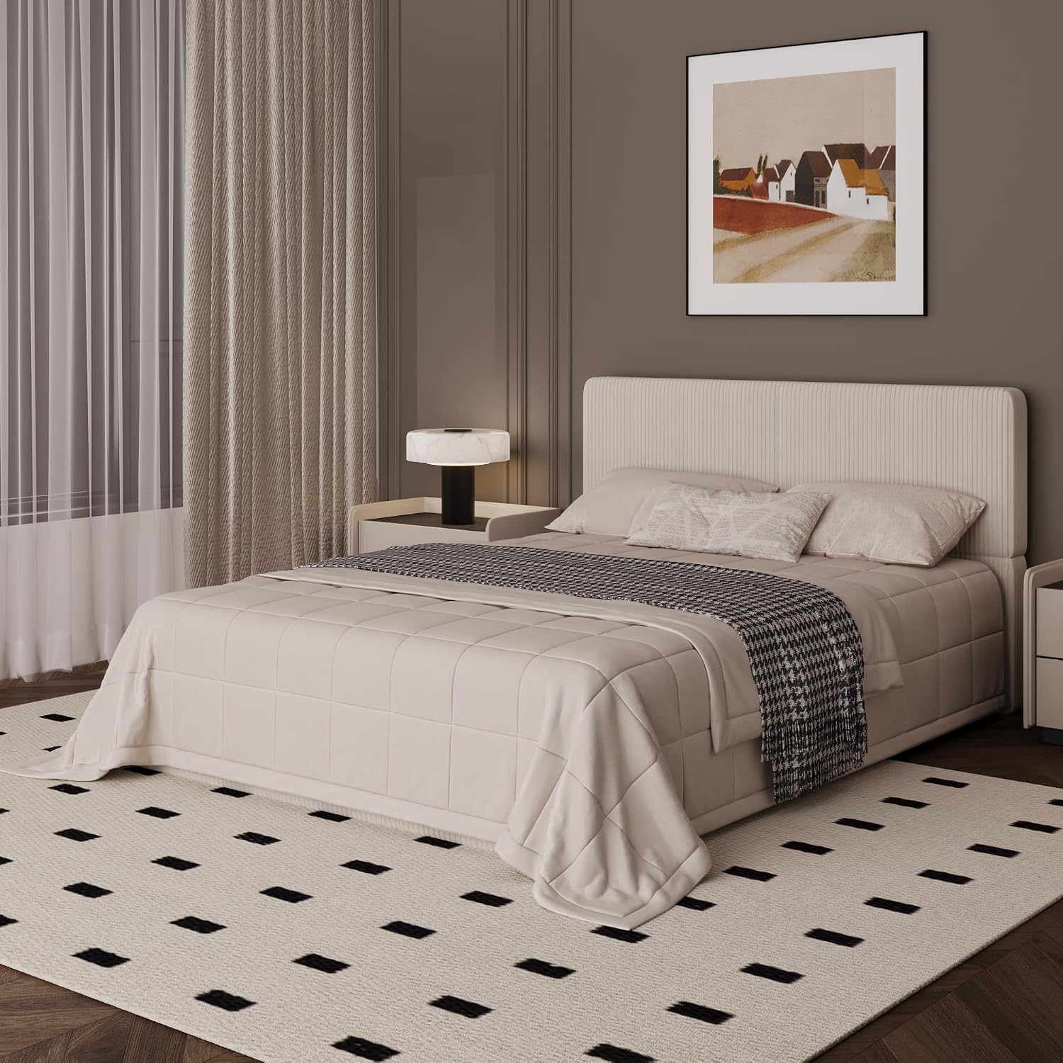Takywep Queen Bed Frame with Headboard, Fully Corduroy Upholstered Platform Bed Frame, Noise-Free Design, Strong Wooden Slats Support, Easy Assembly Excludes Box Spring (Corduroy White)