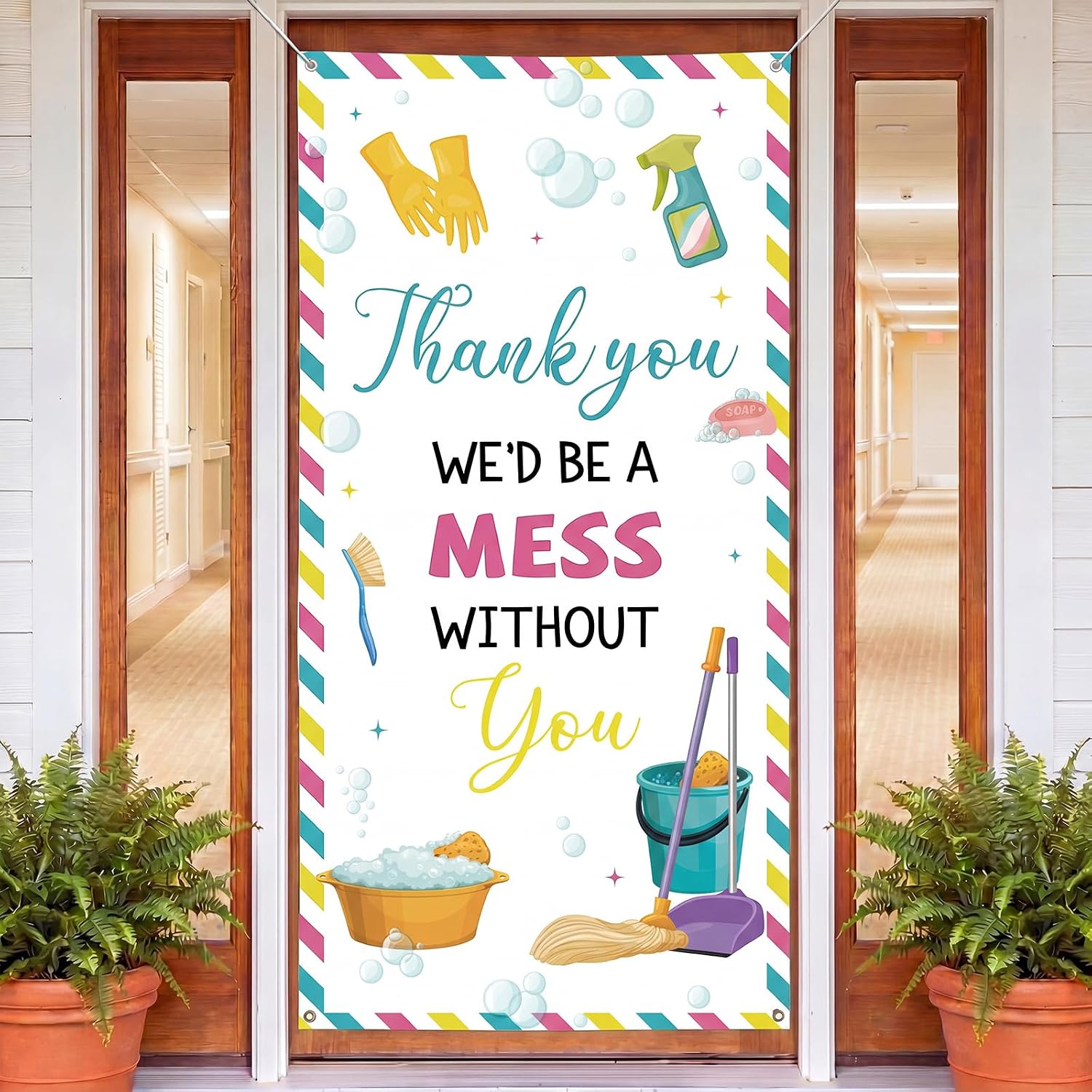 Tingjoo 70.9 x 35.4 Inches Happy Housekeeping Week Door Banner Decoration