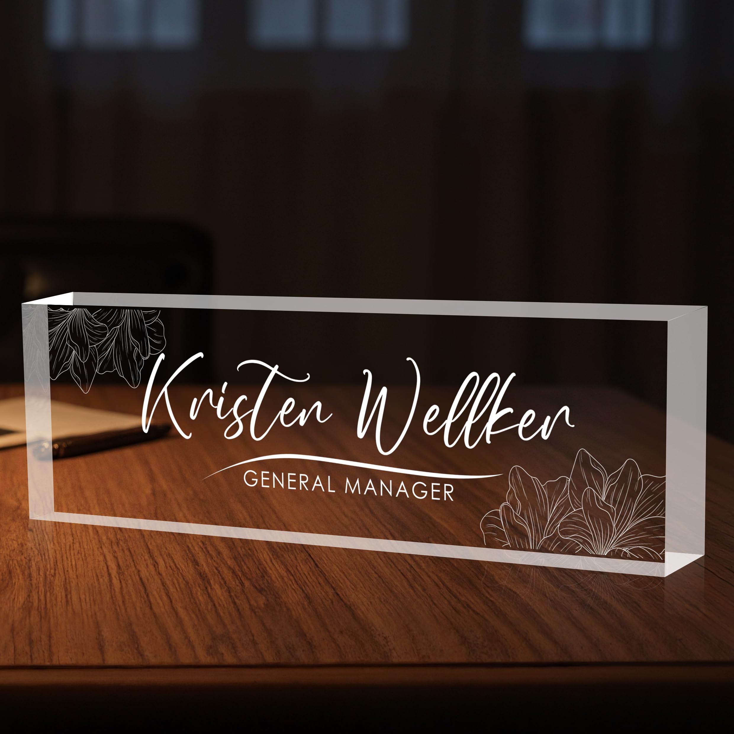 Custom Office Name Plate for Desk, Desk Name Plate Personalized, Personalized Gifts for Women, Appreciation Gifts for Employee Coworkers Boss Teacher, Office Accessories (Engrave Flowers)