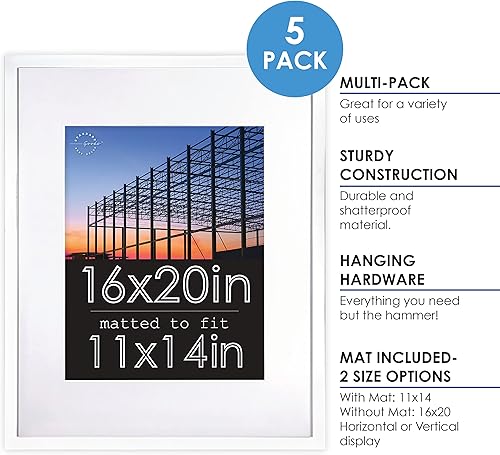 Miniatura 2 de Juego de portarretratos blanco de 11 x 17 pulgadas, mate a 11 x 14, paquete de 5 para exhibición de pared, marcos estilo galería para fotos de