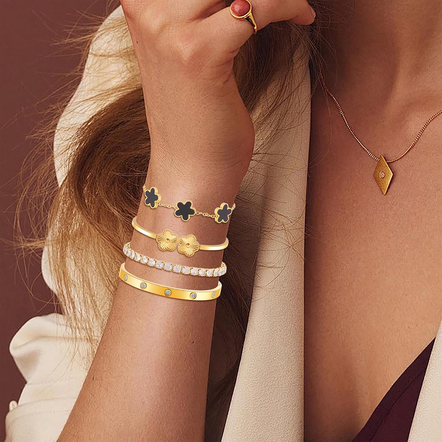 18K Gold Plated Clover Bangle Bracelet Set for Women Stackable Adjustable Tennis Bracelet Non Tarnish Gift Jewelry for Christmas Valentines Birthday Mother's Day - Image 4