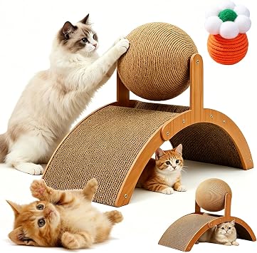 Wobble Ball Cat Scratcher, 2-in-1 Cat Scratching Ball on Stand with 360 Rotating Sisal Ball & Arch Bridge, Anti-Tip Interactive Cat Scratcher Toy for Indoor Kittens, Protects Furniture & Rugs L
