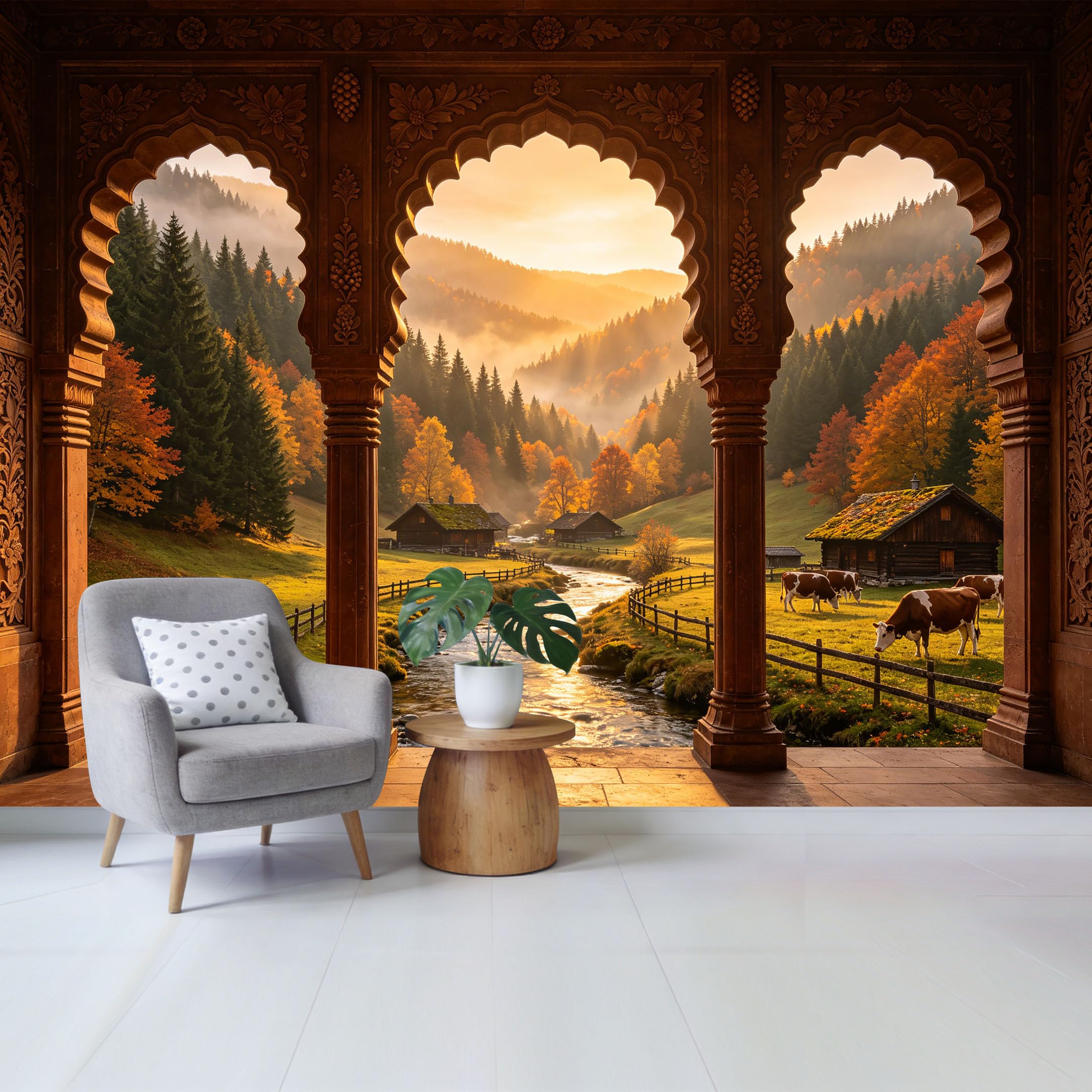 Custom Size Wall Mural Alpine Meadow Creek Cottage Landscape Autumn Forest 3D Trompe L'Oeil Removable Self Adhesive Fabric Home Wall Decor for Living Room Bedroom Bathroom