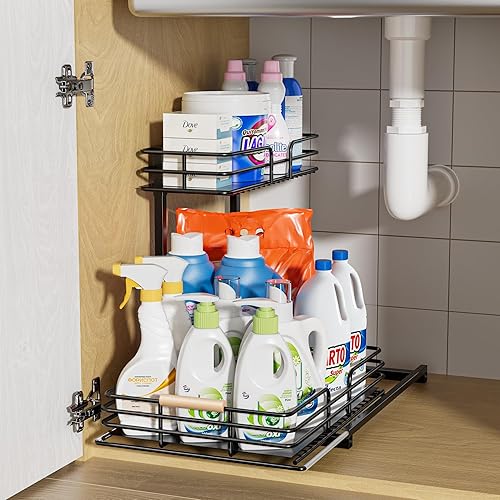 Miniatura 9 de Delamu 2 juegos de organizadores de baño de 3 niveles para debajo del fregadero y paquete de almacenamiento y organizador para debajo del fregadero