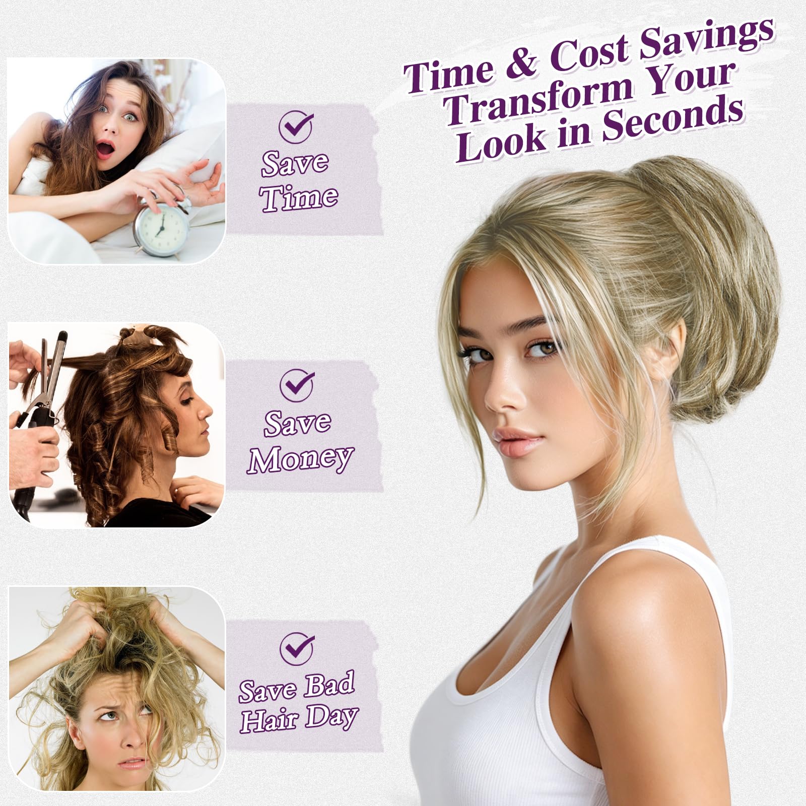 BARSDAR Claw Clip Kurze Echthaar Pferdeschwanz Extension, 20 cm DIY Styles Echt Echthaar Messy Dutt Haarteile für Frauen Biegsam Metall Dicke Kurze Natürliche Pferdeschwanz,Braun Mix Grau Blond