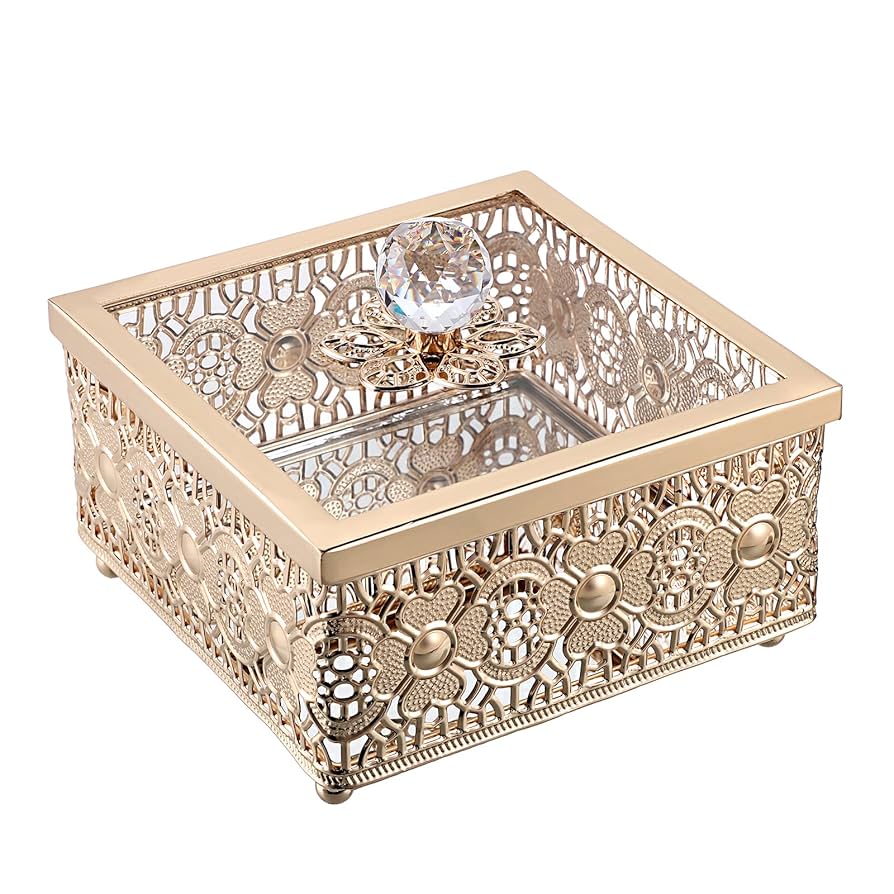 Amazon.com: Hipiwe Vintage Gold Jewelry Box with Glass Lid