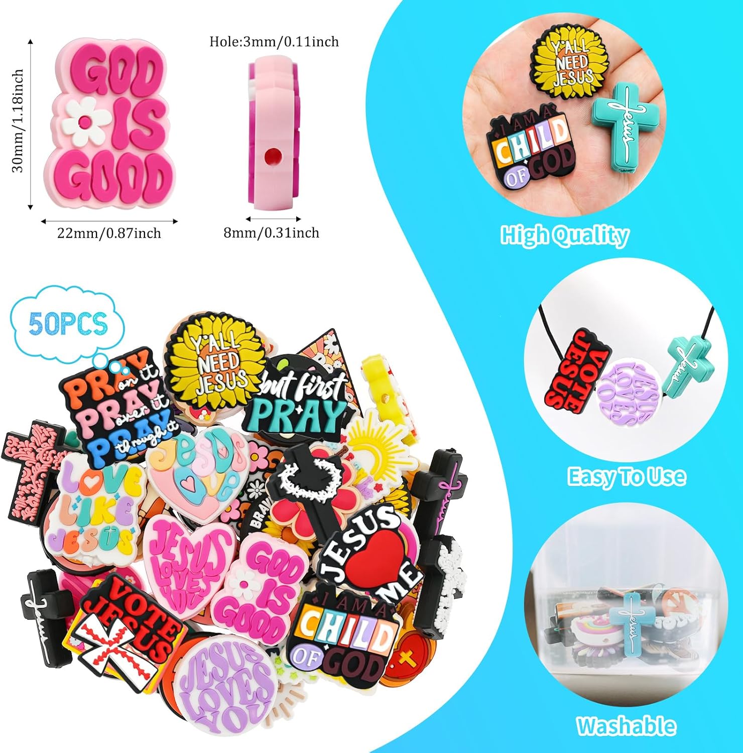 50PCS Jesus Focal Beads for pens, Not Duplicated Silicone Focal Beads for DIY Beadable Pen Keychain Bracelet Lanyard Making