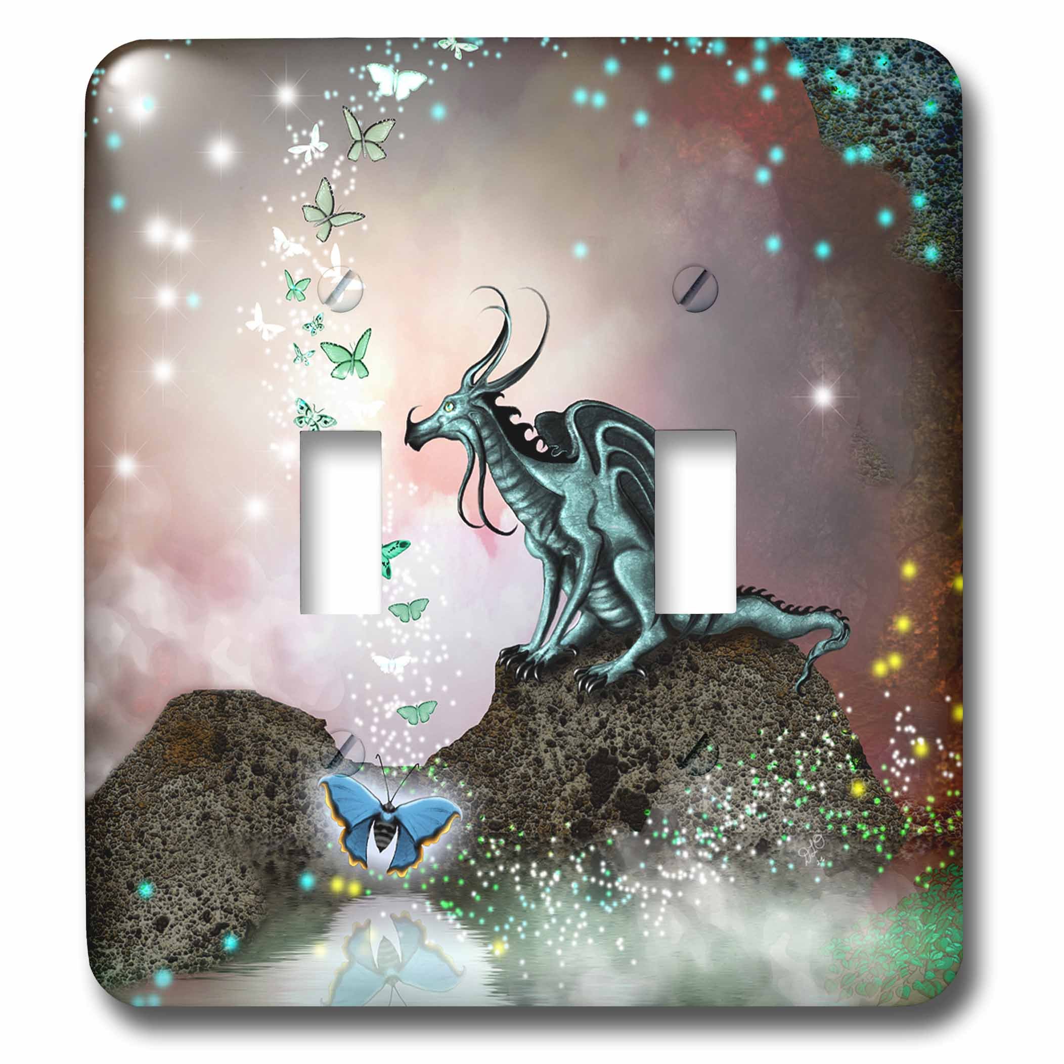 Dragon assis double interrupteur magique mural multicolore 3DRose