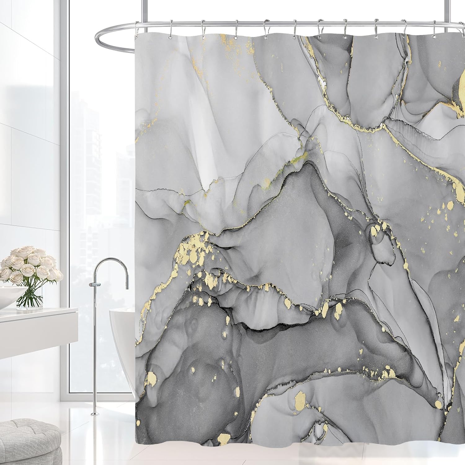 Extra Long Shower Curtain 72 x 84 Inch, Grey Tall Abstract Marble Shower Curtains for Bathroom, Modern Luxury Art Decor Ink Texture Fabric Shower Curtain Set with Hooks