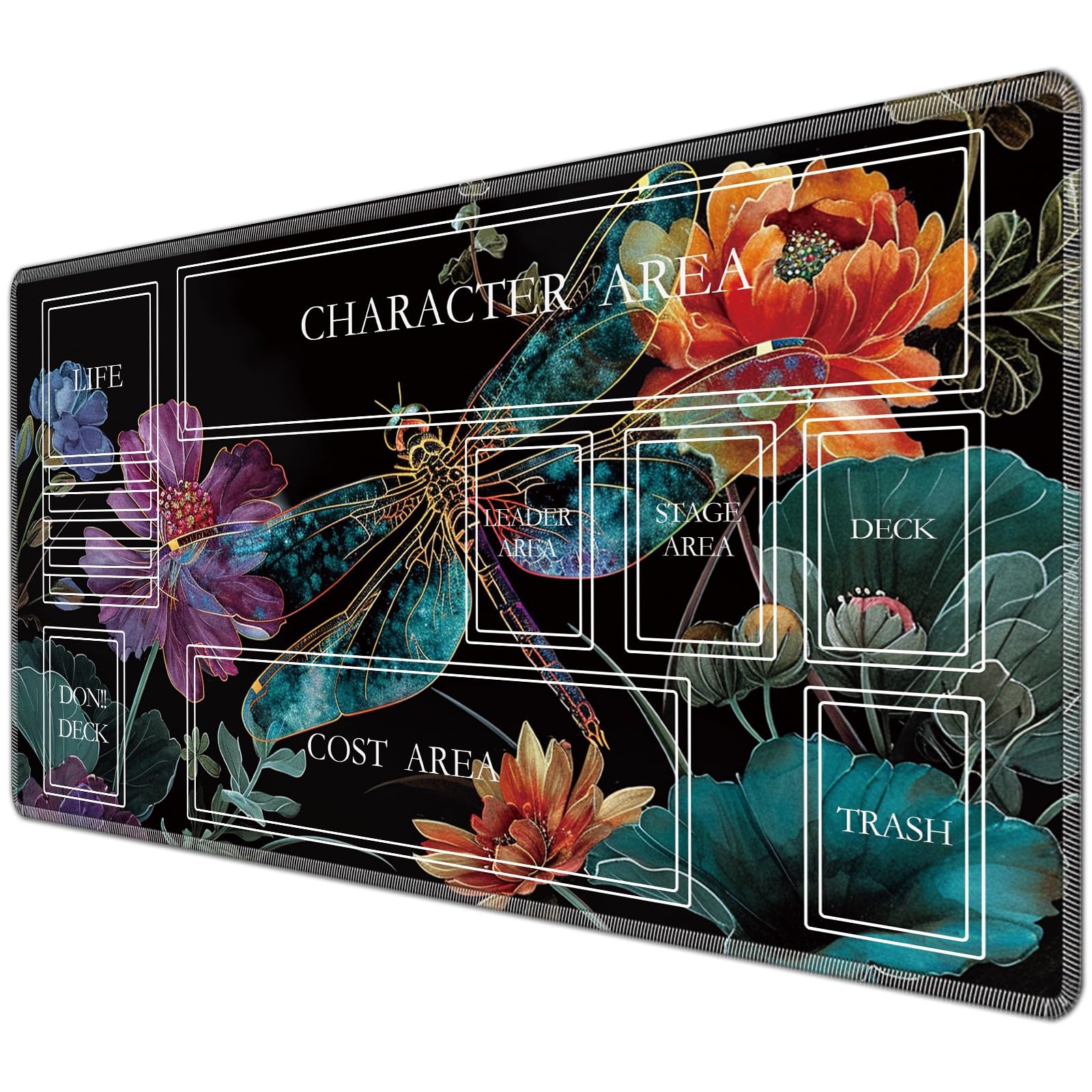 JANENFNA TCG Playmat with Magic Zones 24 x 14 inches Mousepad Compatible for OPCG CCG Trading Card Game Play Mats Smooth Rubber Surface Magic The Gathering Play Mat, Dragonfly Flowers