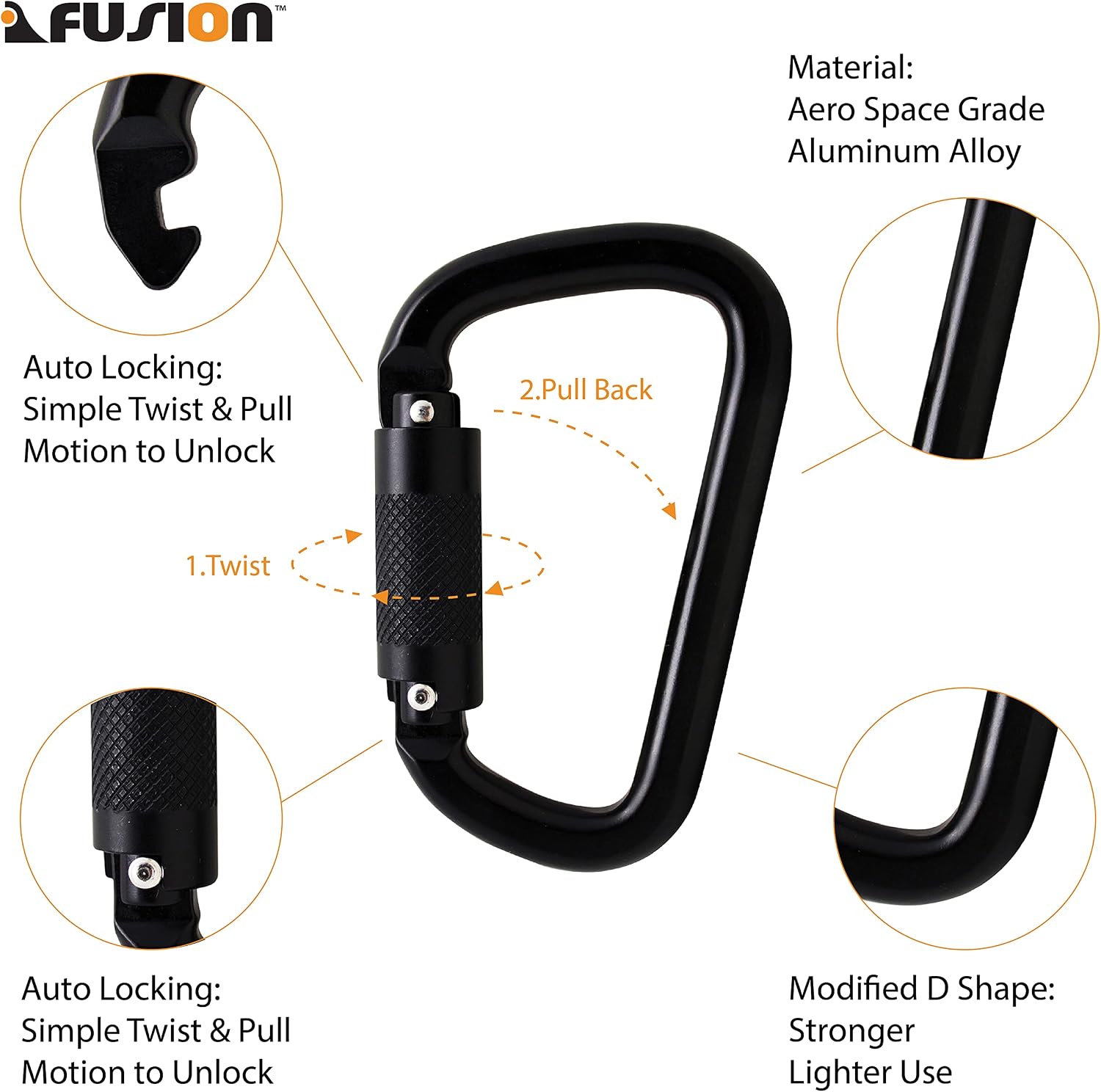 Fusion Climb Swift Lock Auto Locking Aluminum Carabiner - Lightweight and Strong for High-Altitude Workers, Hammocks, Camping Accessories,Hiking,Keychains,Outdoors and Gym,Dog Leash,Harness and Key Ri