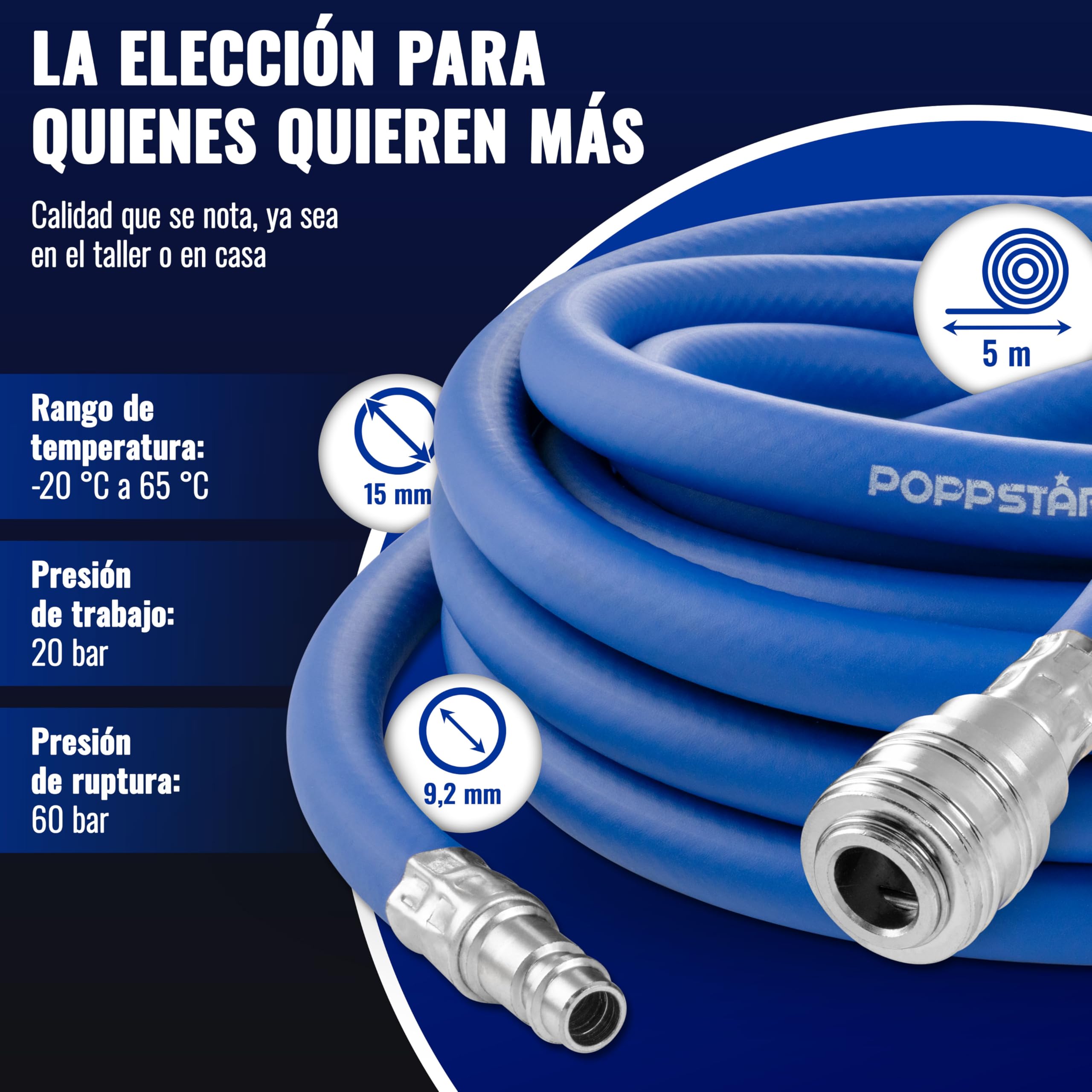 Poppstar Manguera Compresor Aire 5m (PVC híbrido con tejido, diámetro interior 9,2mm con acoplamiento rápido y conector de manguera), hasta 20 bar, azul