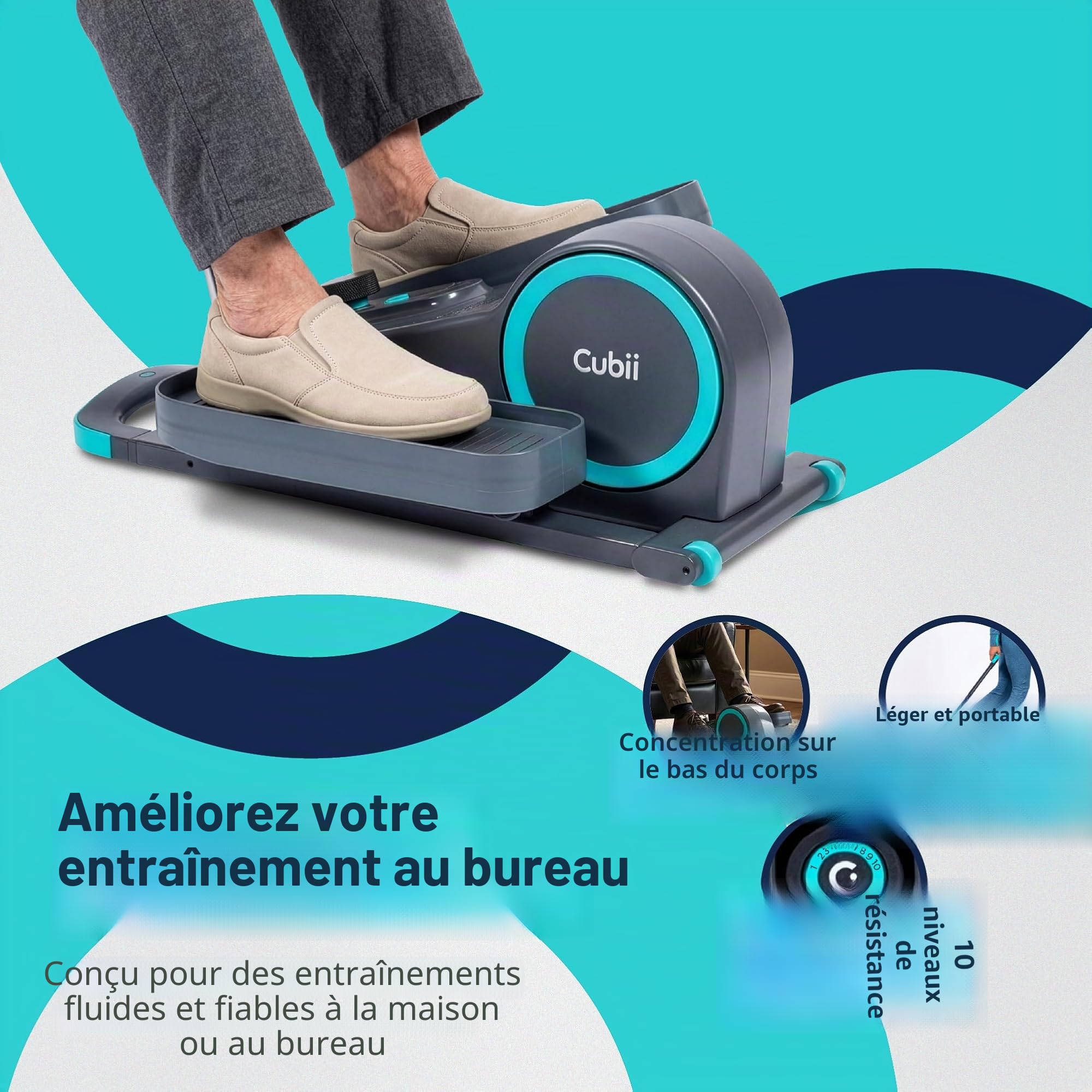 Cubii GO Pédale d'exercice elliptique sous le bureau avec écran LCD Fitness Tracker résistance réglable roues intégrées poignée extensible