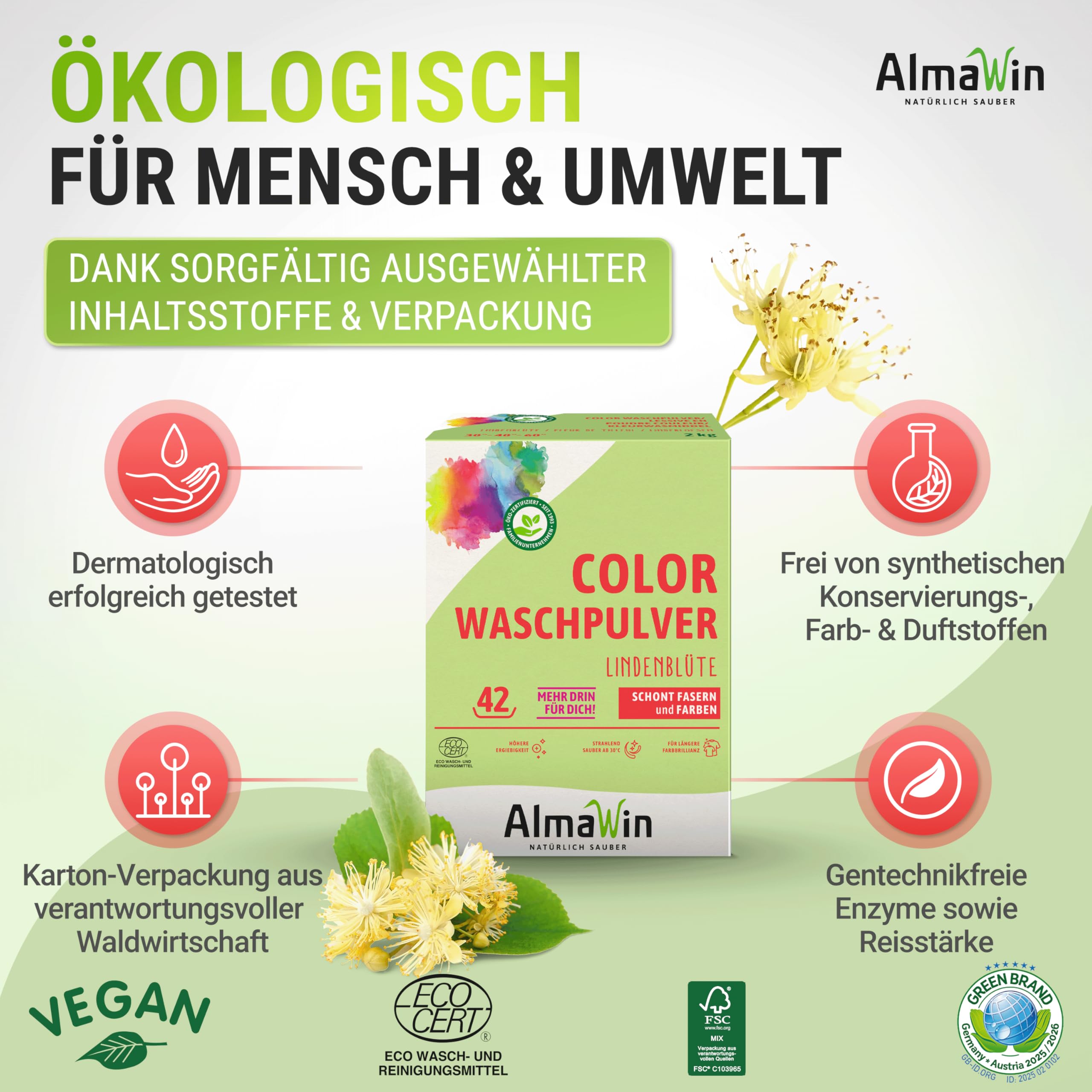AlmaWin Color Lessive en poudre Fleur de tilleul 2 kg, 42 lavages, végétalien
