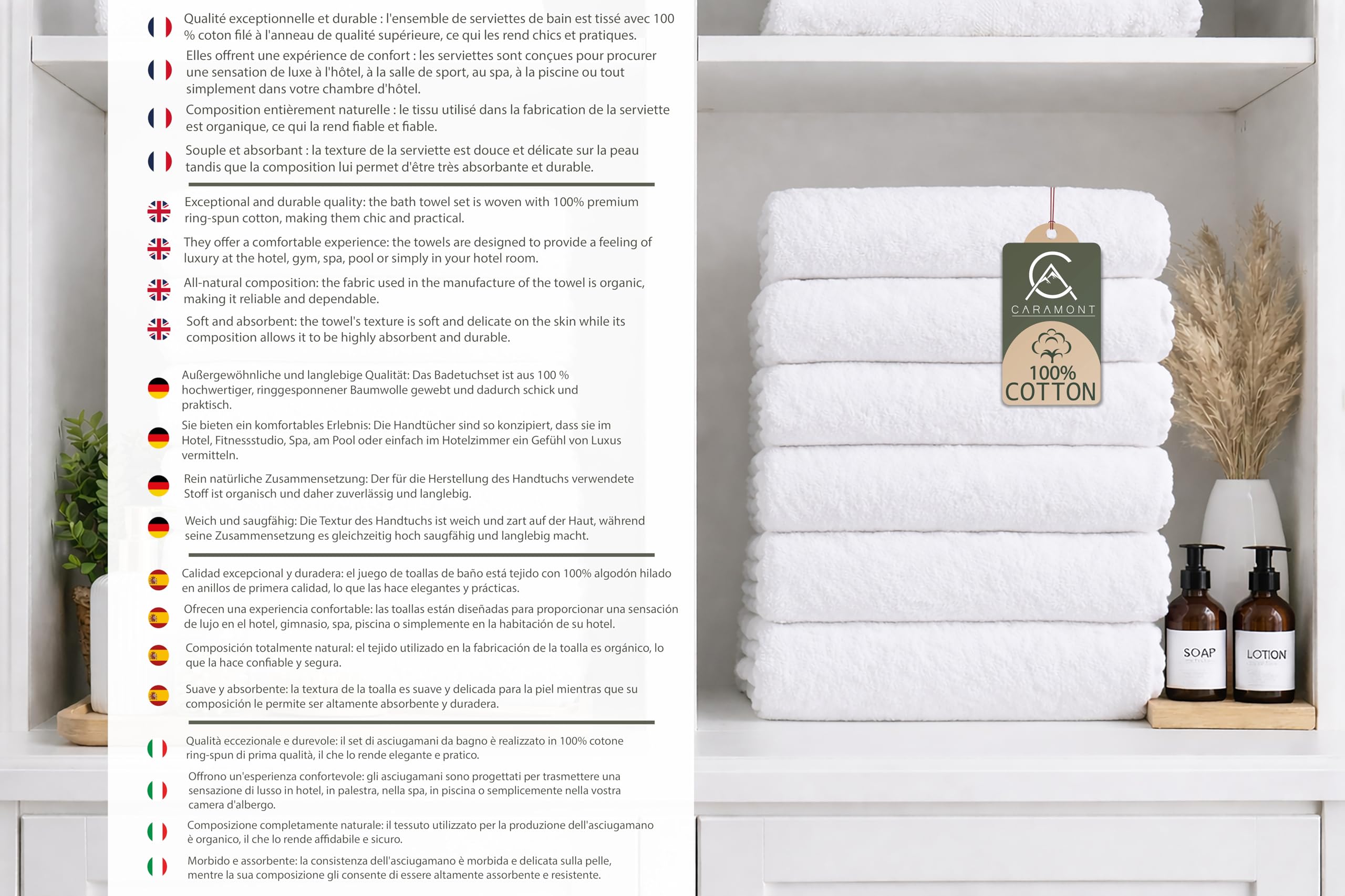 Caramont Set di 6 Asciugamani da Bagno 90x150 cm – 100% Cotone, Ultra Morbidi, Altamente Assorbenti, Asciugatura Rapida, Qualità Alberghiera – Bianco – per Bagno, Doccia, Palestra, Hotel e Spa