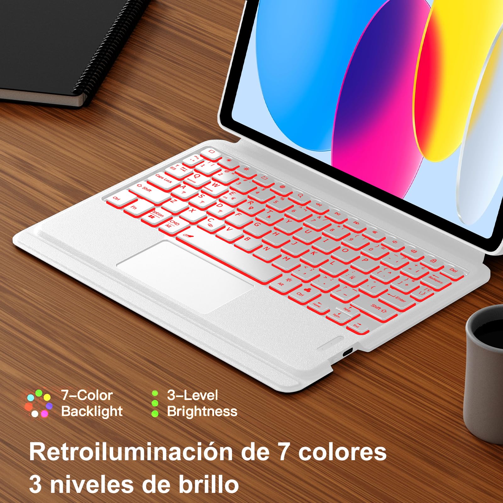 Funda iPad 11 Generación A16/10 Generacióncon Teclado Touchpad, Teclado 3 Canales Bluetooth Español Ñ Retroiluminado 7 Colores Soporte Retrato/Paisaje para iPad 10 2022 10.9"/11 A16 2025 11", Blanco
