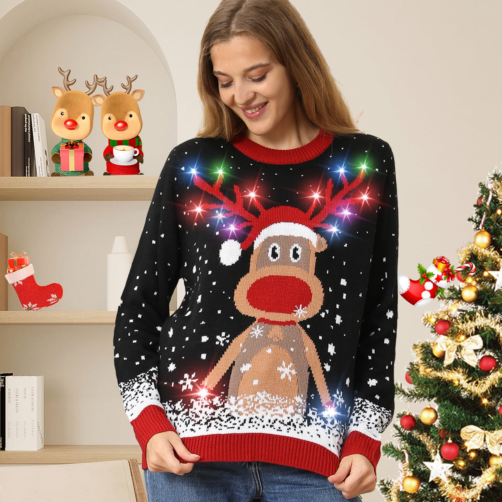 Maglione Natalizio con Luci LED, Maglioni Natalizi Famiglia Set, Brutti Maglione Natalizio Uomo Donna Ugly Christmas Sweater, Manica Lunga Maglia Natale Maglione di Natale per Coppia