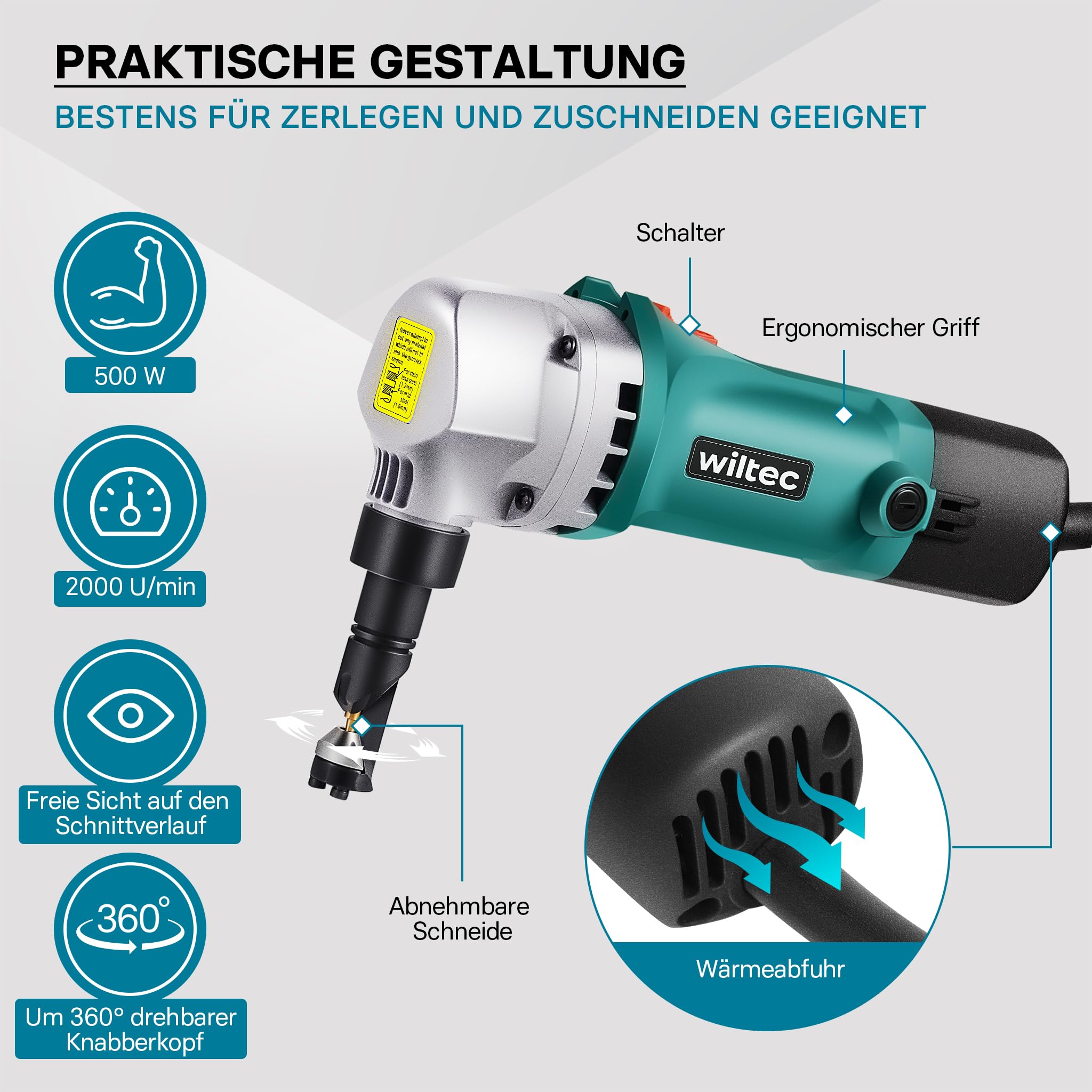 Wiltec Blechknabber 500 W mit Schnitttiefe bis 2,5 mm, Blechnibbler mit um 360° drehbarem Knabberkopf, Nibbler Blechschere